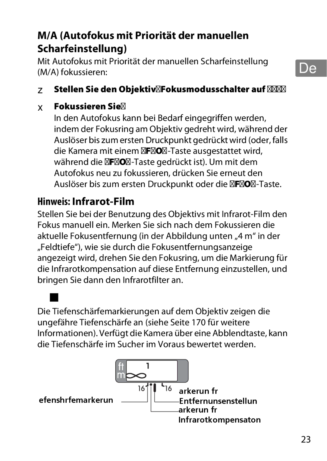 Nikon 2201 user manual Tiefenschärfe, Autofokus mit Priorität der manuellen Scharfeinstellung, Hinweis Infrarot-Film 