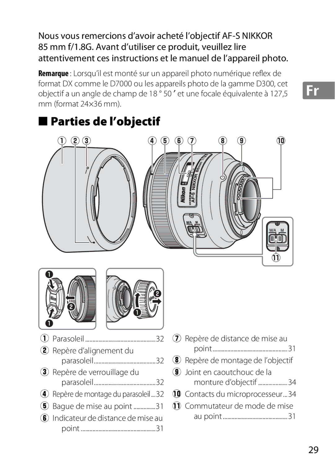 Nikon 2201 Parties de l’objectif, Repère d’alignement du, Repère de verrouillage du, Repère de distance de mise au 