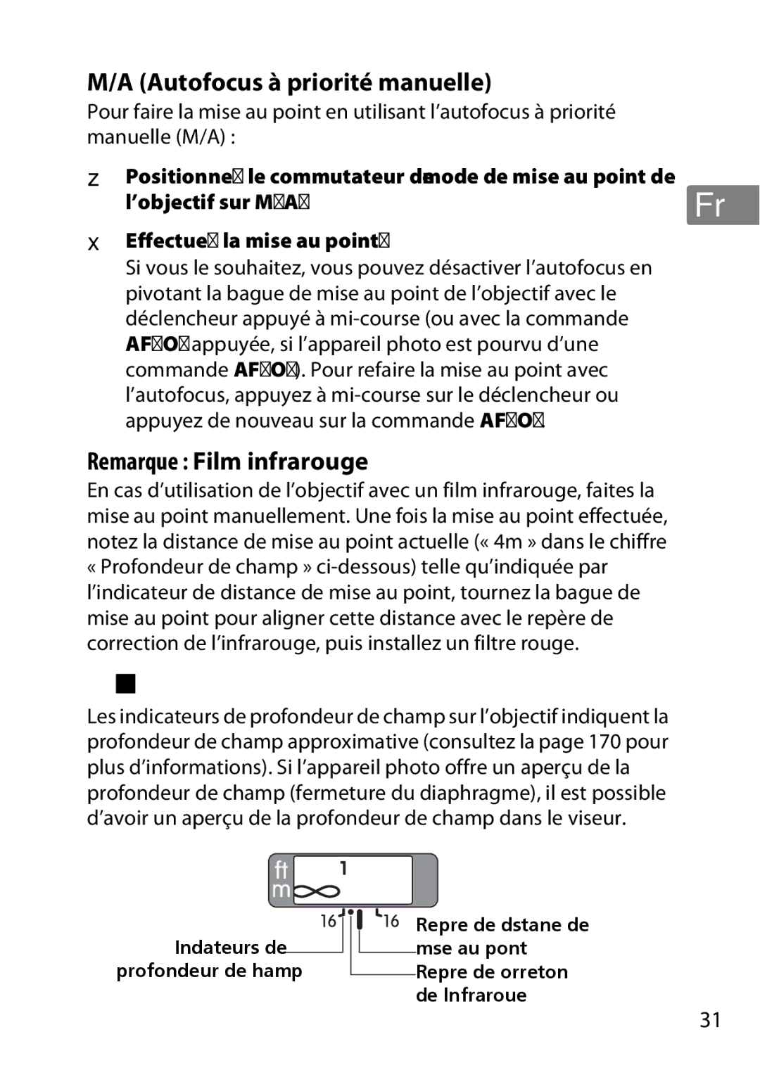 Nikon 2201 user manual Profondeur de champ, Autofocus à priorité manuelle, Remarque Film infrarouge, ’objectif sur M/A 