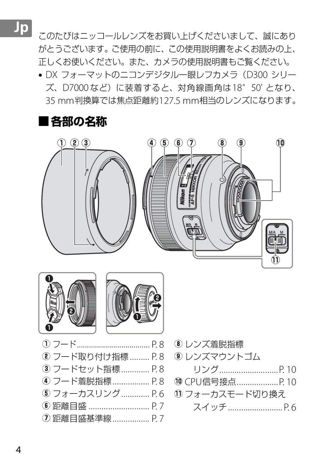 Nikon 2201 user manual 各部の名称, フード フード取り付け指標 フードセット指標 フード着脱指標 フォーカスリング 距離目盛 距離目盛基準線 