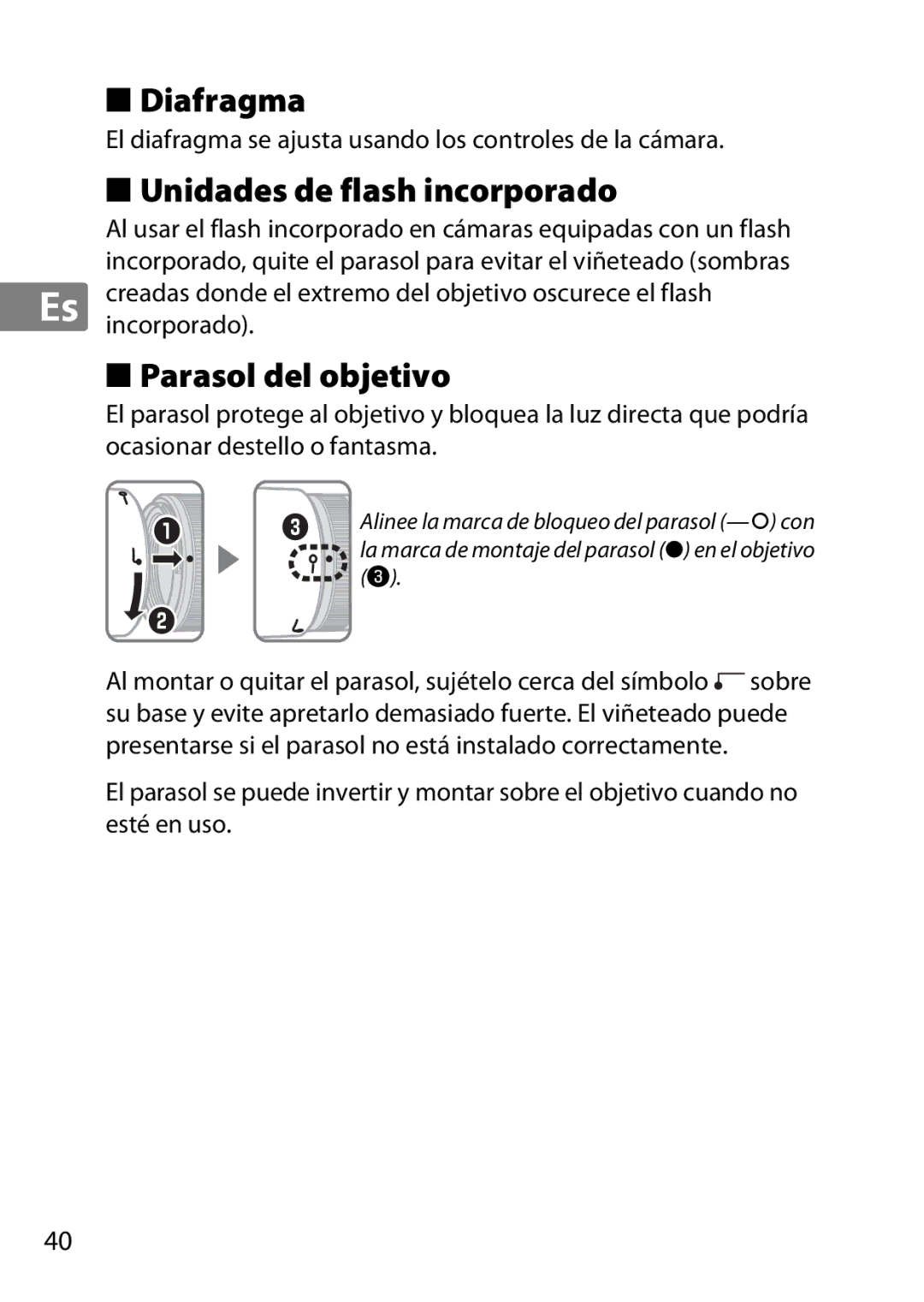 Nikon 2201 user manual Diafragma, Unidades de flash incorporado, Parasol del objetivo 