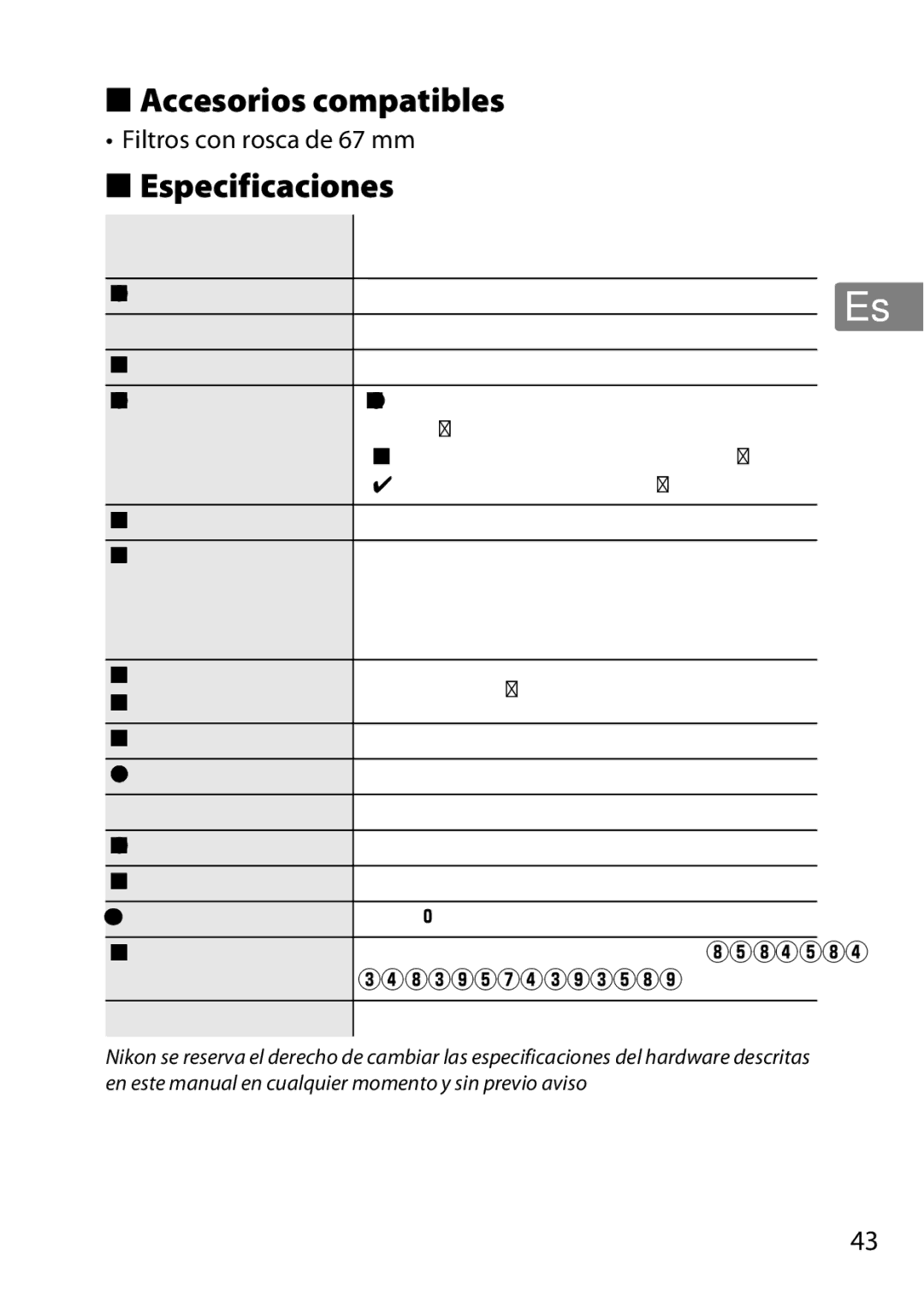 Nikon 2201 user manual Accesorios compatibles, Especificaciones, Filtros con rosca de 67 mm 