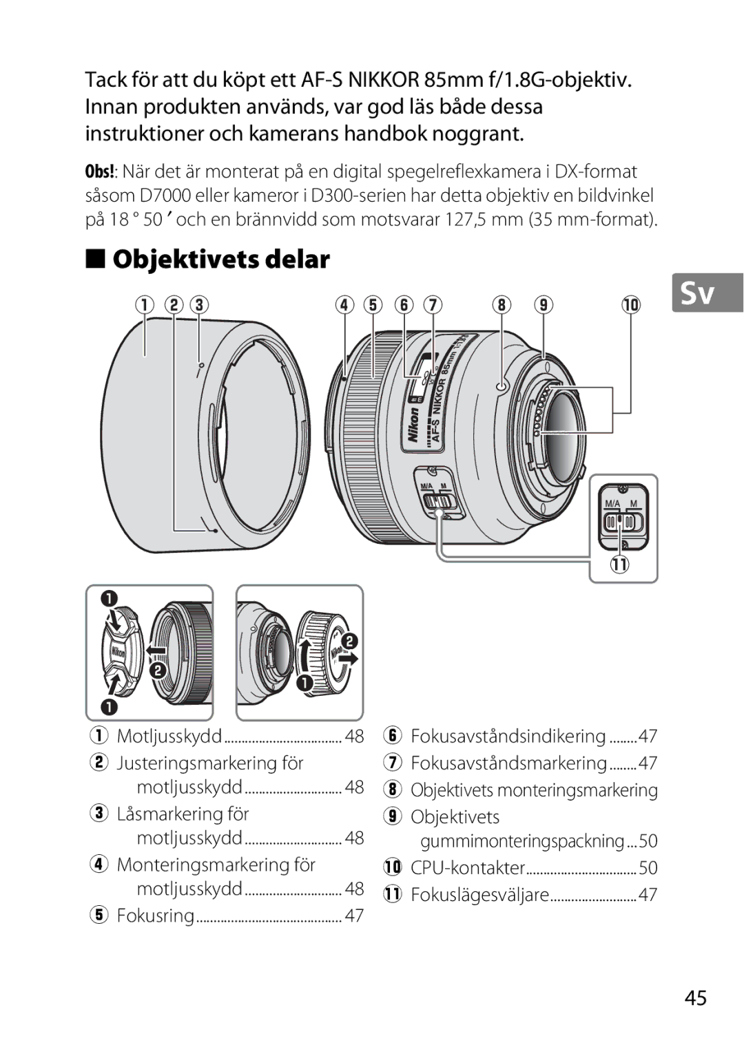 Nikon 2201 Objektivets delar, Justeringsmarkering för, Låsmarkering för, Objektivets monteringsmarkering o Objektivets 