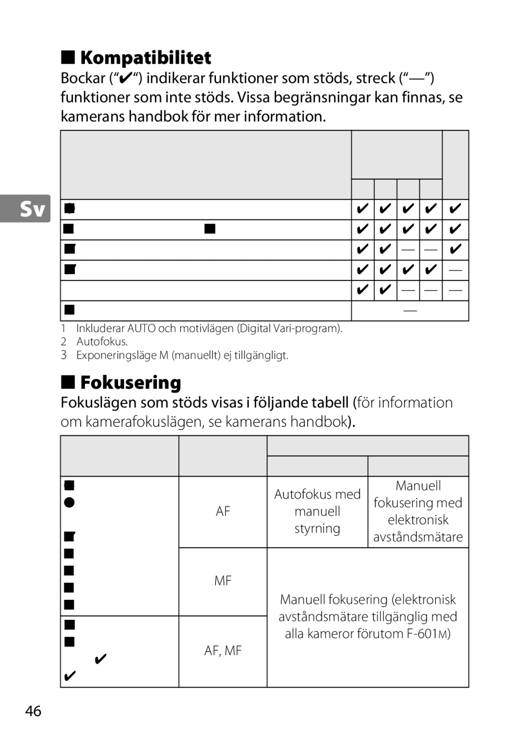 Nikon 2201 user manual Kompatibilitet, Fokusering, Kamera, Objektivfokusläge 