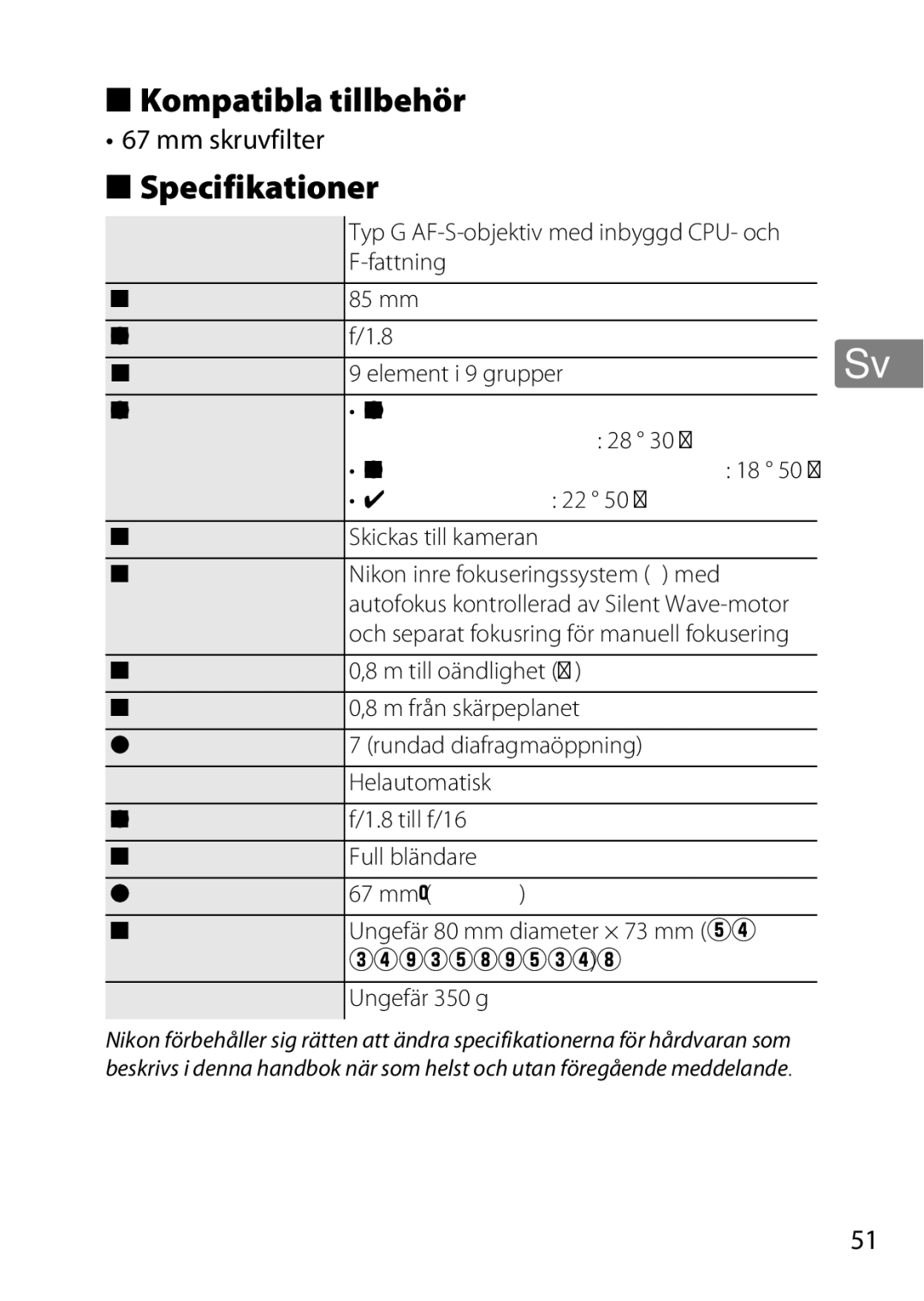 Nikon 2201 user manual Kompatibla tillbehör, Specifikationer 