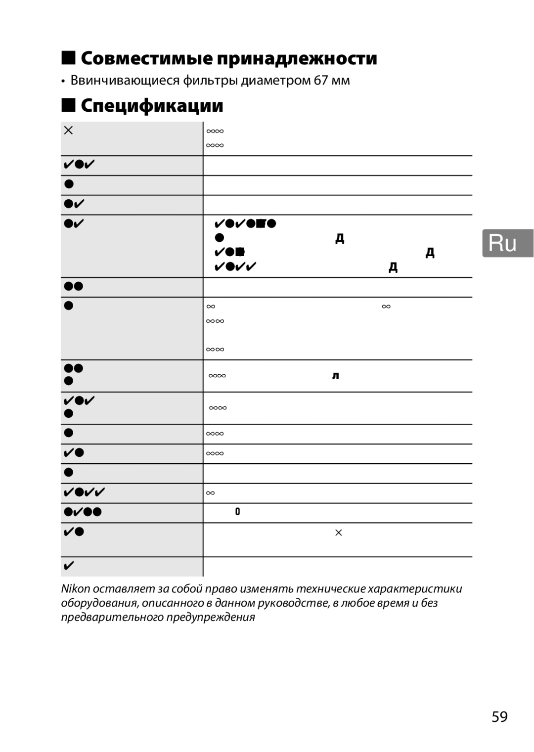 Nikon 2201 user manual Совместимые принадлежности, Спецификации, Ввинчивающиеся фильтры диаметром 67 мм 