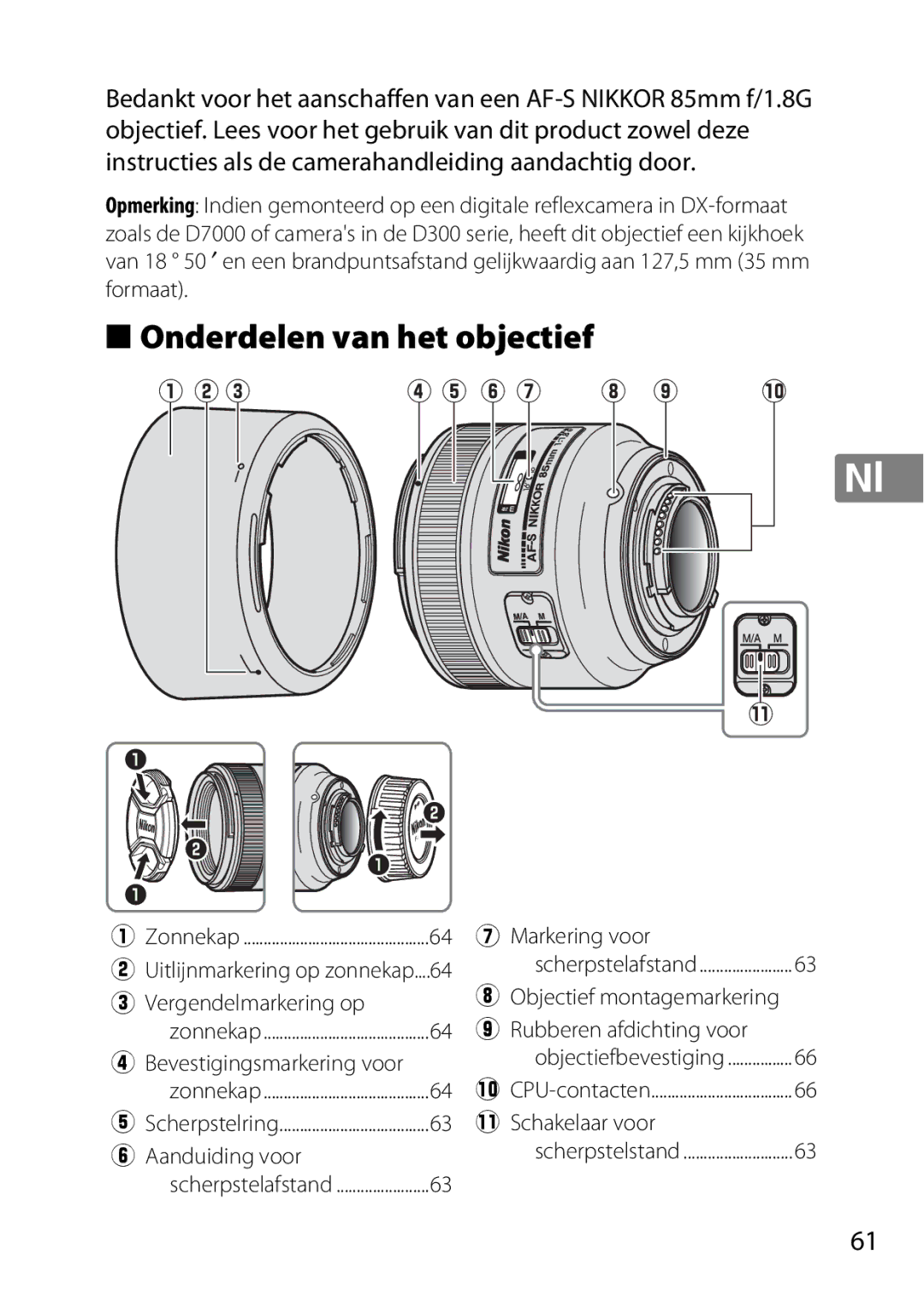 Nikon 2201 Onderdelen van het objectief, Markering voor, Vergendelmarkering op, 1Schakelaar voor Aanduiding voor 