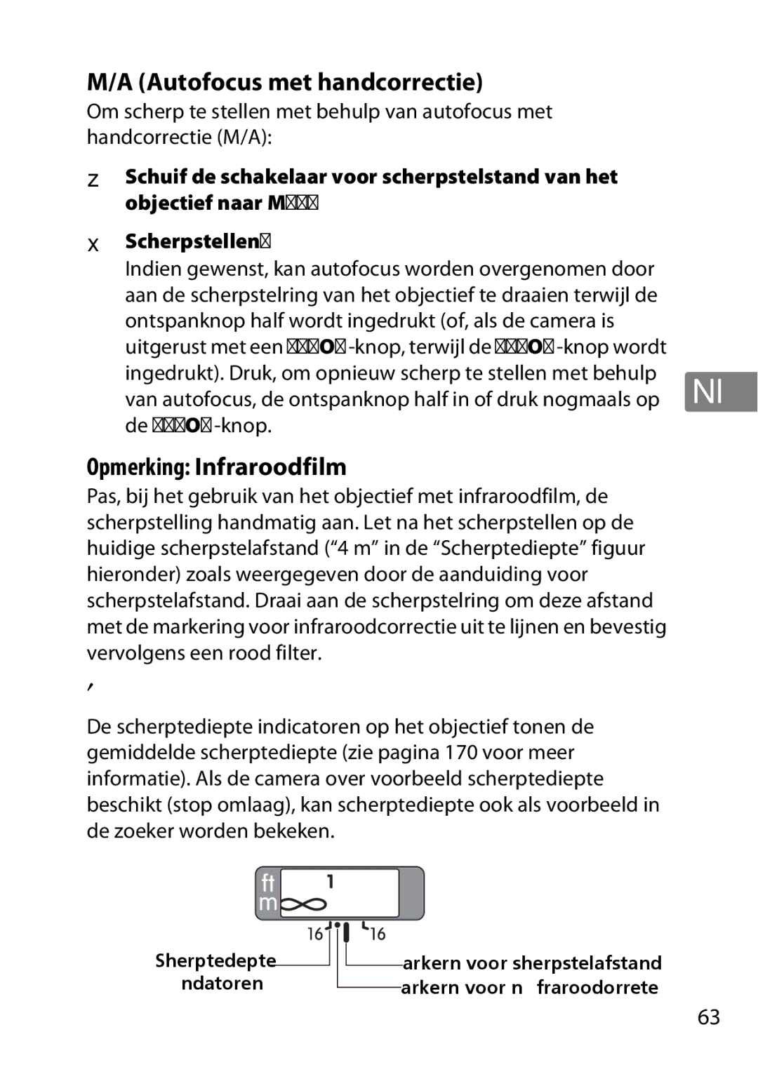 Nikon 2201 user manual Scherptediepte, Autofocus met handcorrectie, Opmerking Infraroodfilm 