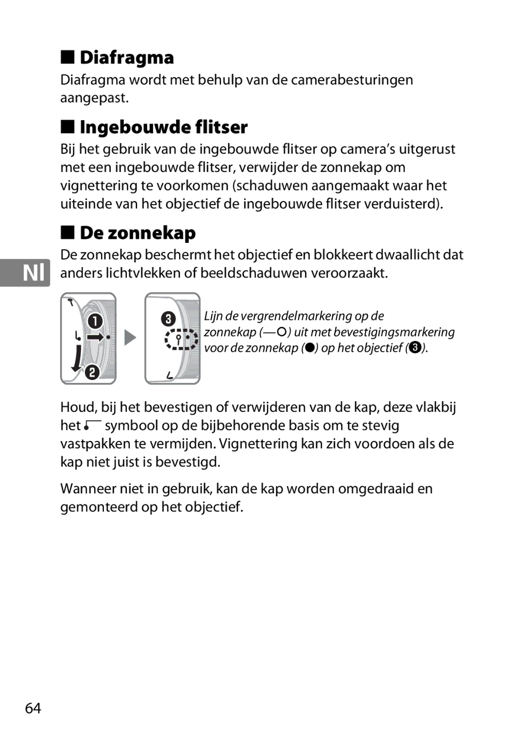 Nikon 2201 user manual Ingebouwde flitser, De zonnekap 