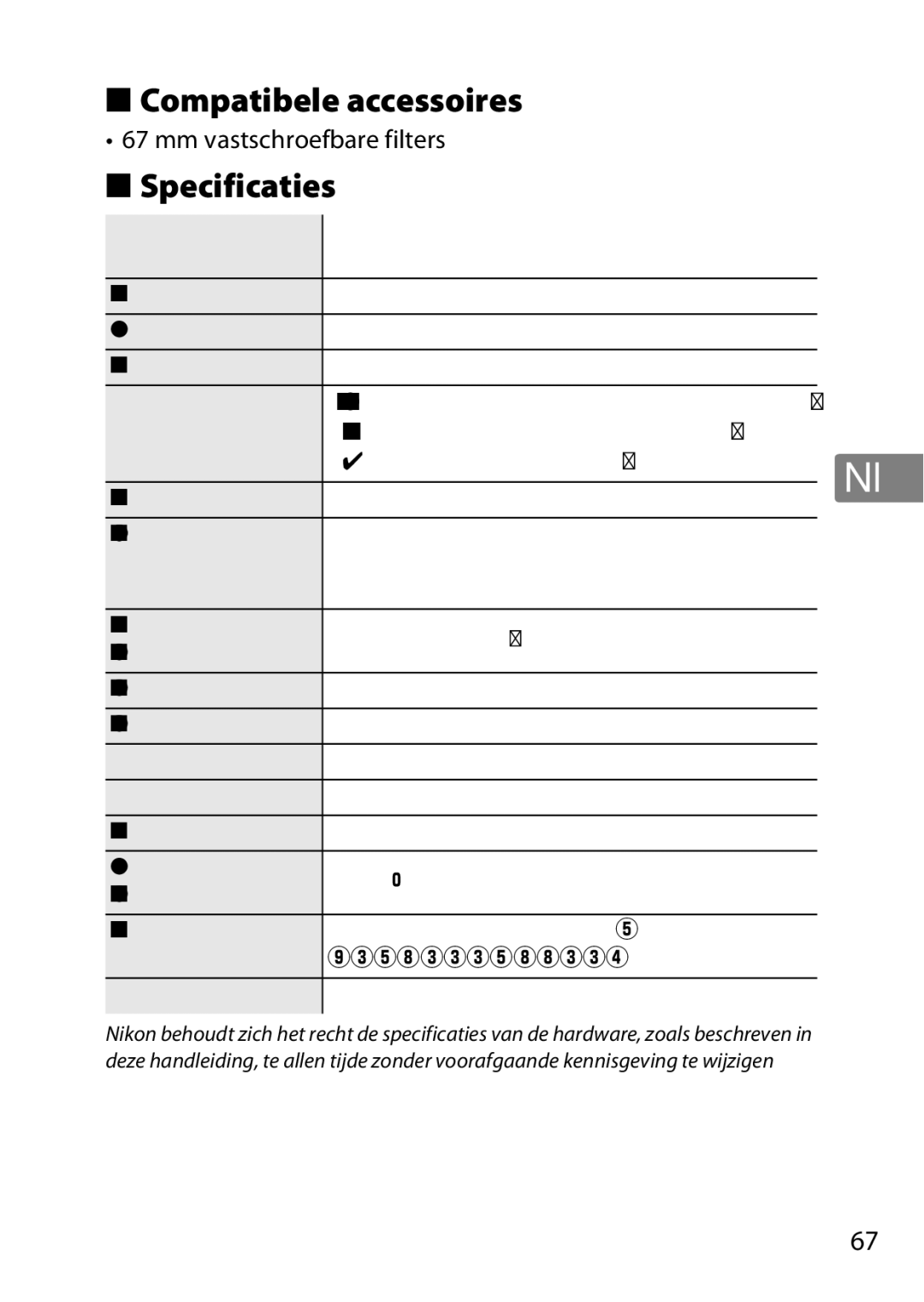 Nikon 2201 user manual Compatibele accessoires, Specificaties, Mm vastschroefbare filters, IX240 systeemcamera’s 22 50 ′ 