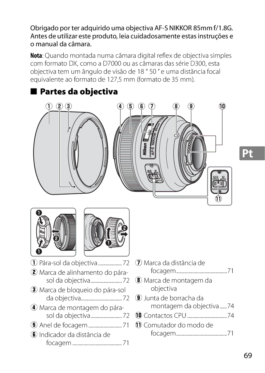 Nikon 2201 user manual Partes da objectiva 