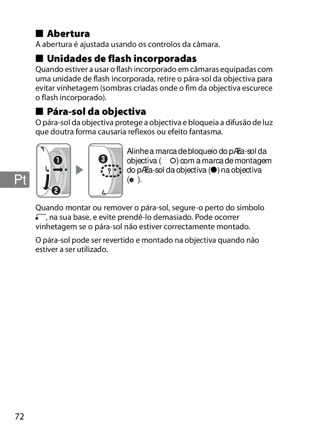 Nikon 2201 user manual Abertura, Unidades de flash incorporadas, Pára-sol da objectiva 