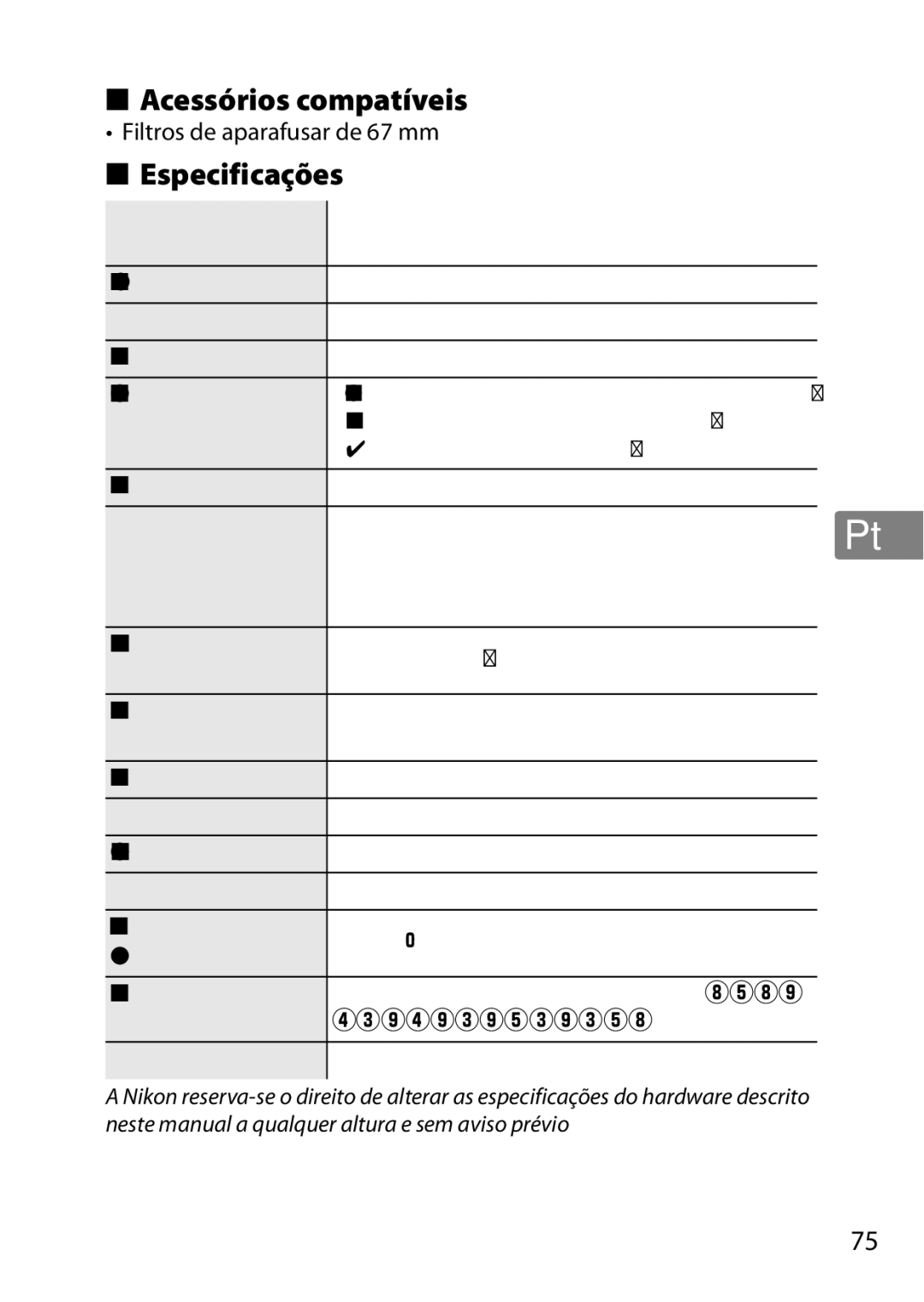 Nikon 2201 user manual Acessórios compatíveis, Especificações 