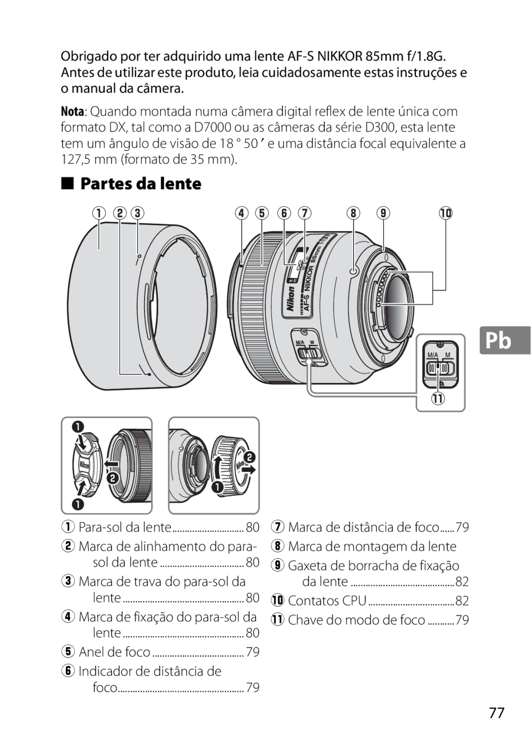 Nikon 2201 user manual Partes da lente, Marca de montagem da lente 