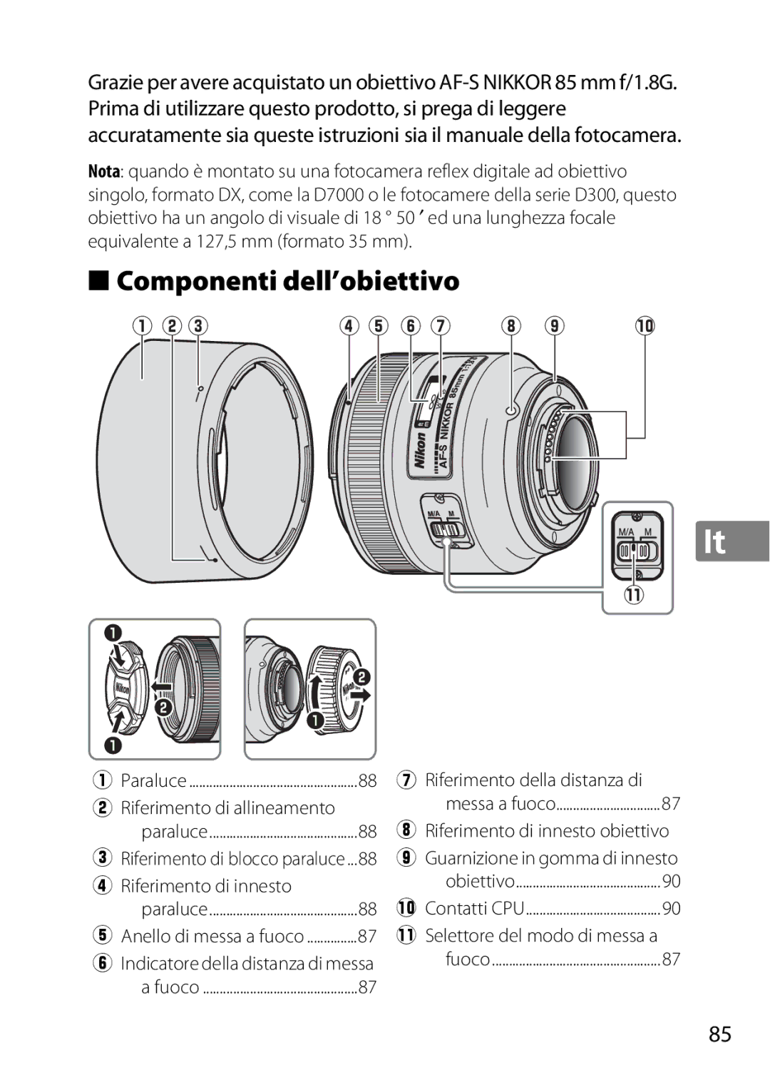 Nikon 2201 user manual Componenti dell’obiettivo, Riferimento di allineamento, Riferimento della distanza di 