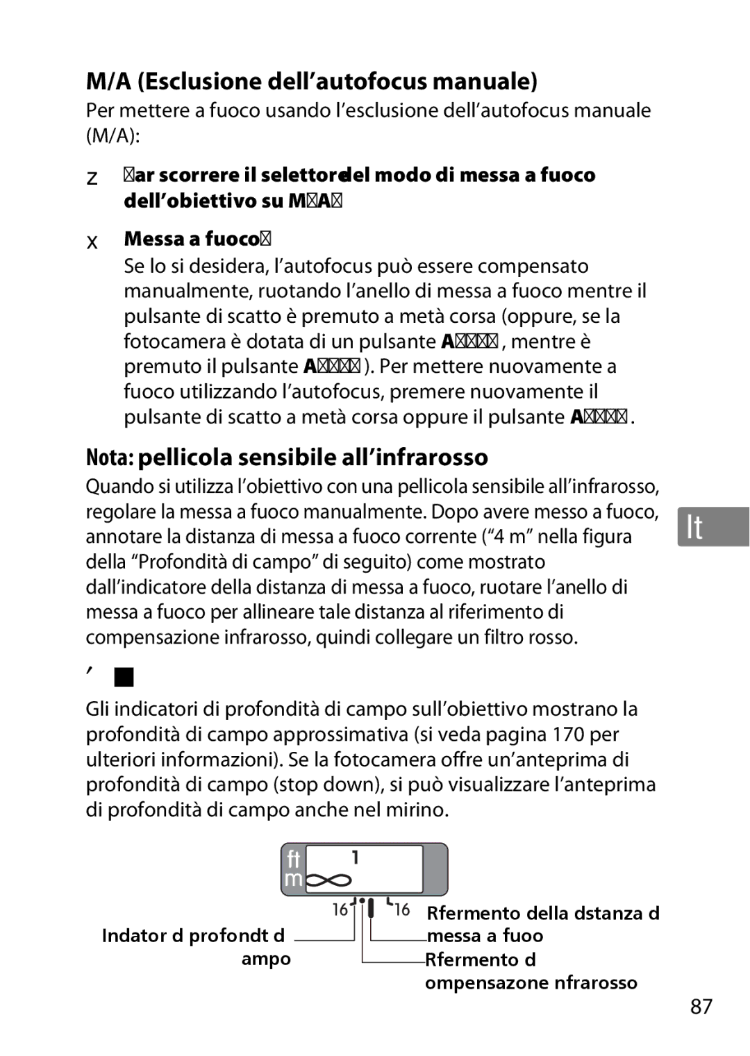 Nikon 2201 user manual Profondità di campo, Esclusione dell’autofocus manuale, Nota pellicola sensibile all’infrarosso 