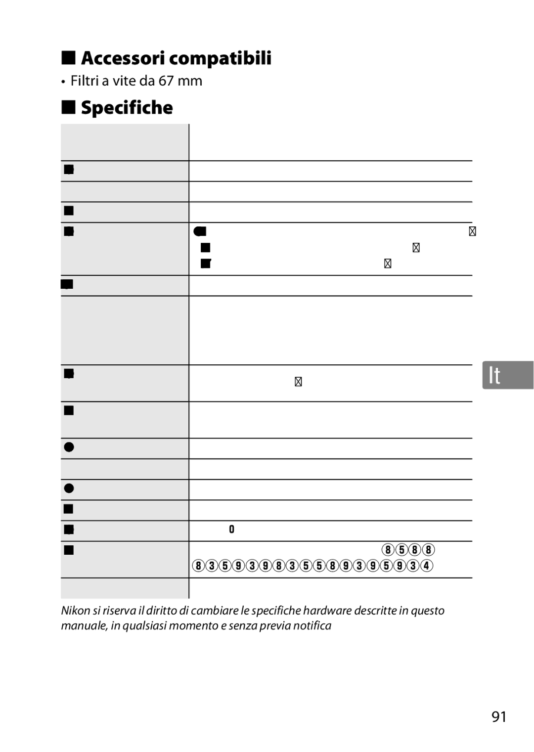 Nikon 2201 user manual Accessori compatibili, Specifiche, Filtri a vite da 67 mm 