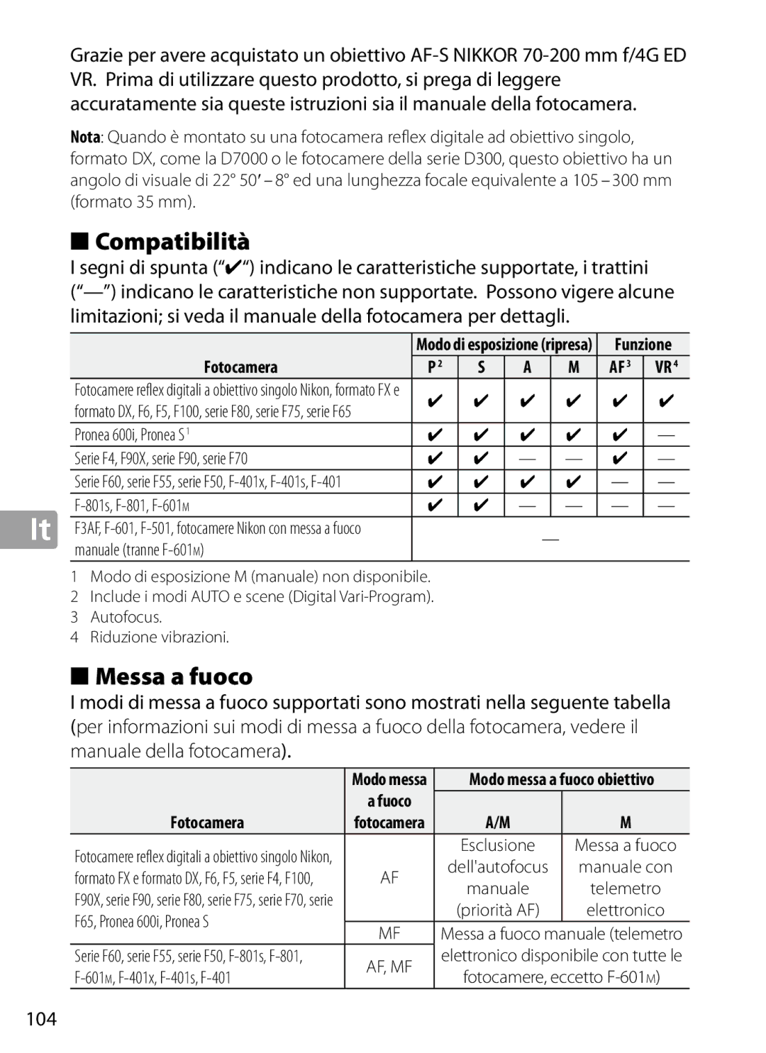 Nikon 2202 user manual Compatibilità, Messa a fuoco, 104, Fotocamera 