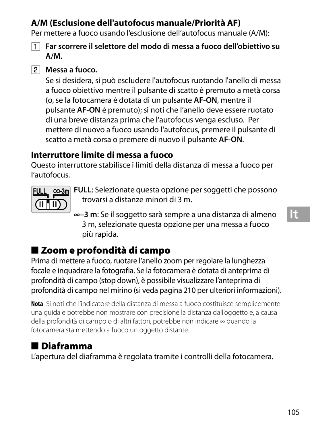 Nikon 2202 user manual Zoom e profondità di campo, Diaframma, Esclusione dellautofocus manuale/Priorità AF, Più rapida 