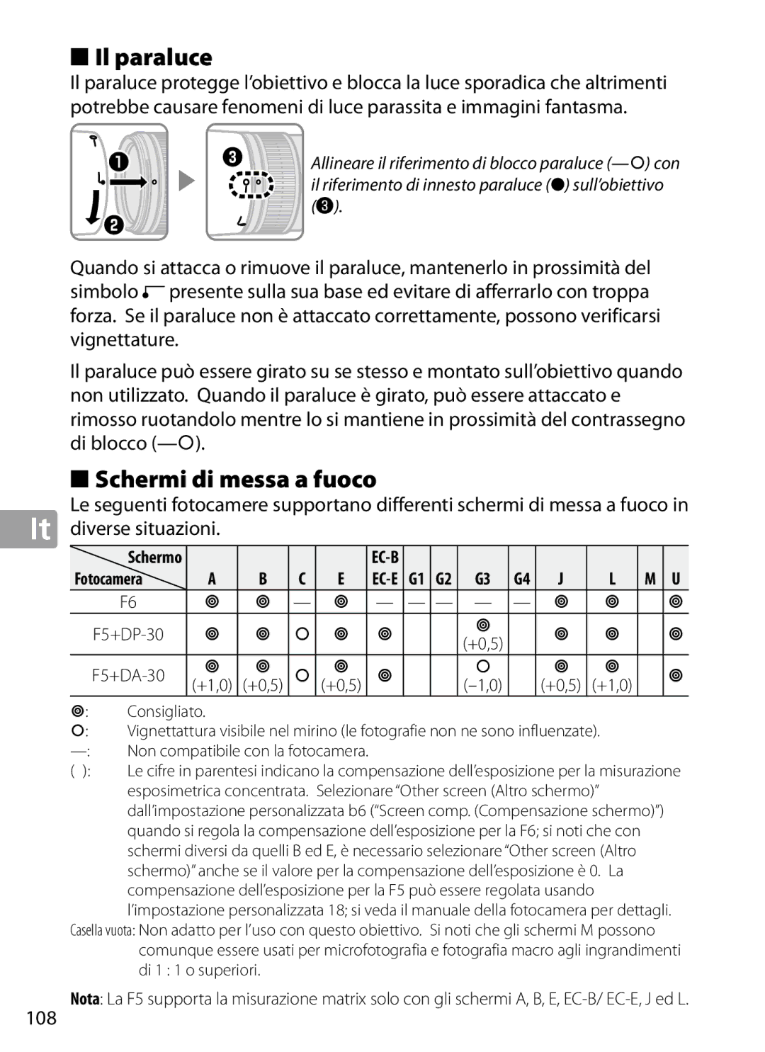 Nikon 2202 user manual Il paraluce, Schermi di messa a fuoco, Diverse situazioni, 108, Consigliato 