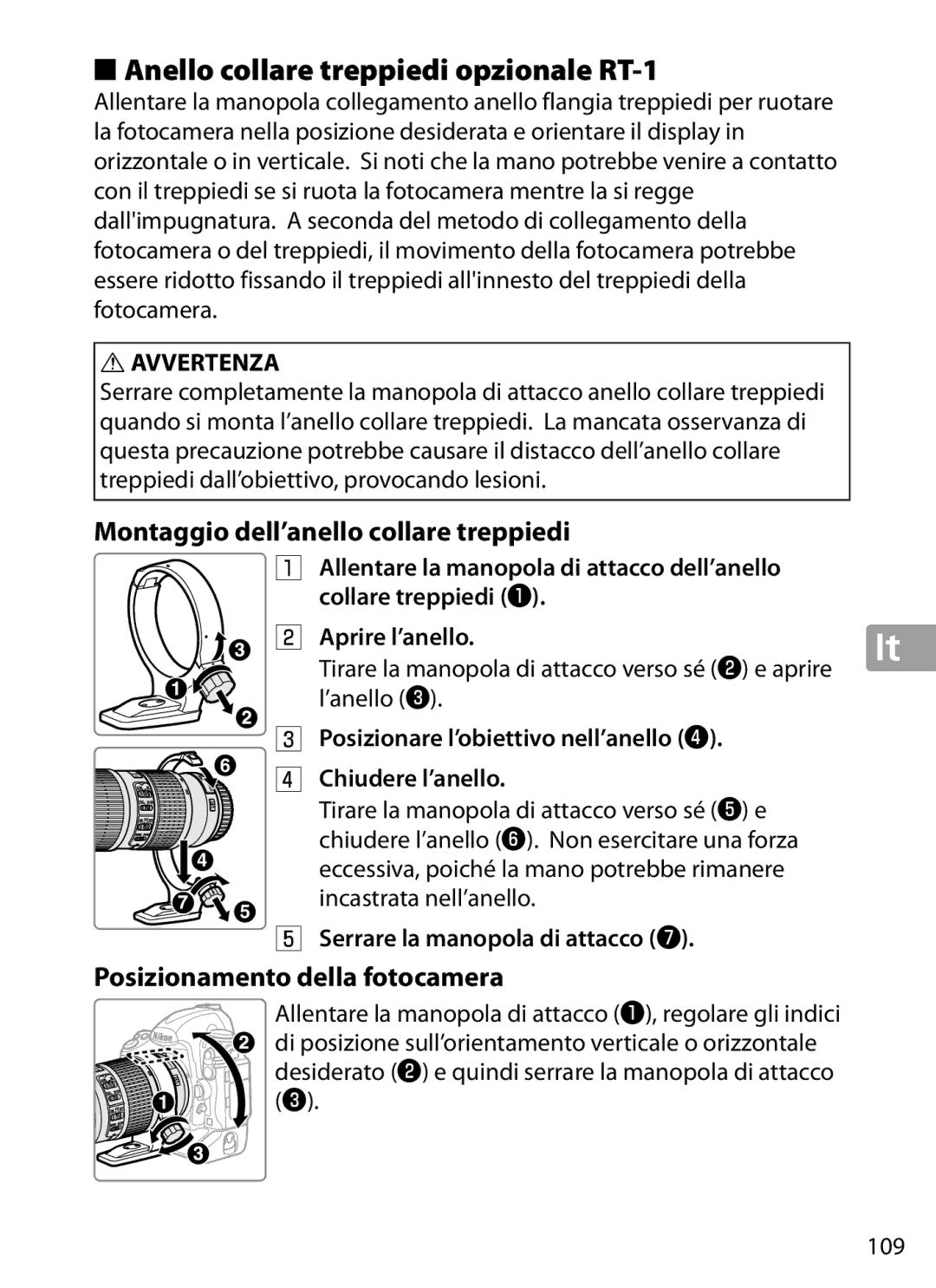 Nikon 2202 user manual Anello collare treppiedi opzionale RT‑1, Montaggio dell’anello collare treppiedi 