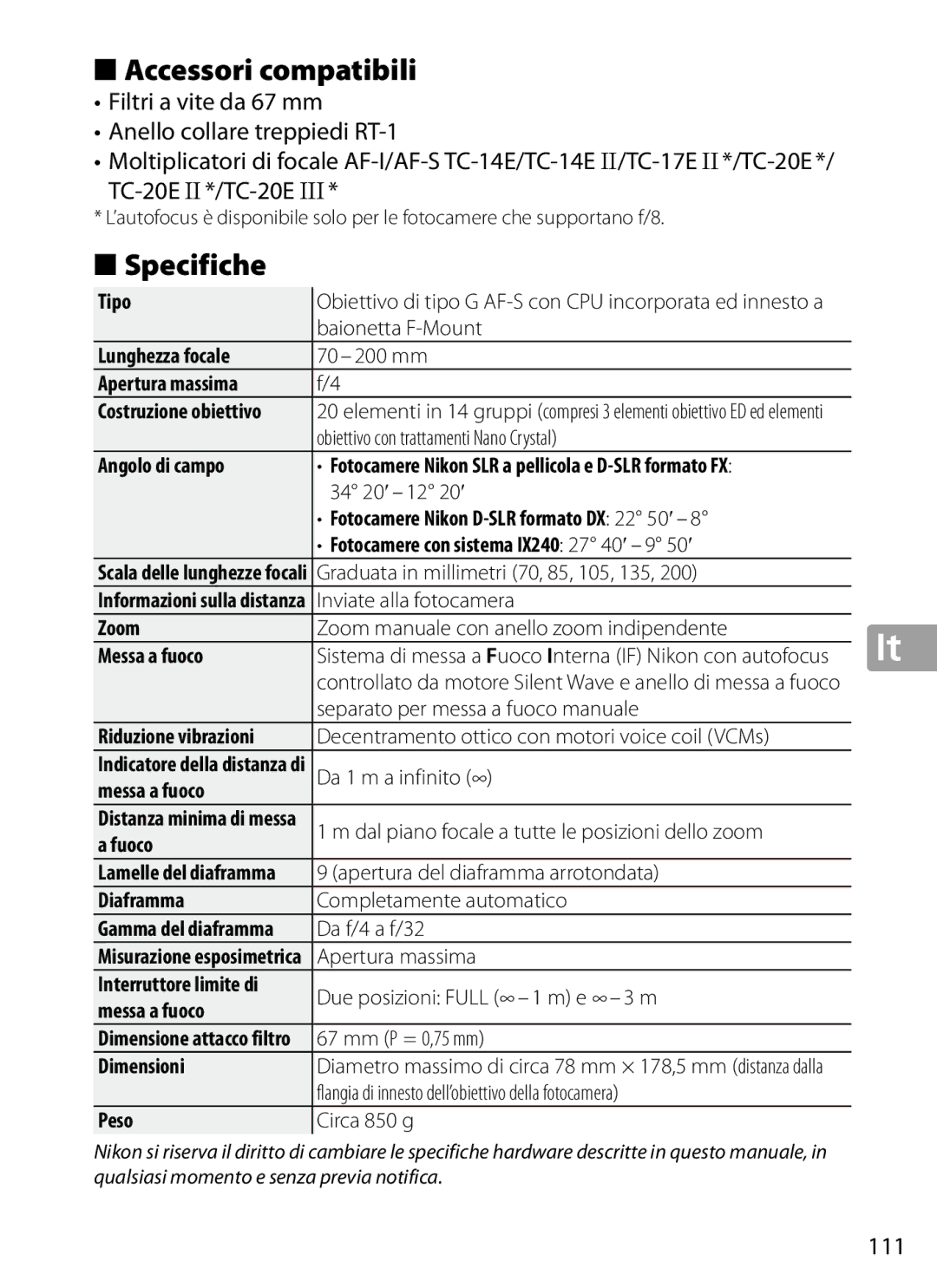 Nikon 2202 user manual Accessori compatibili, Specifiche, 111 