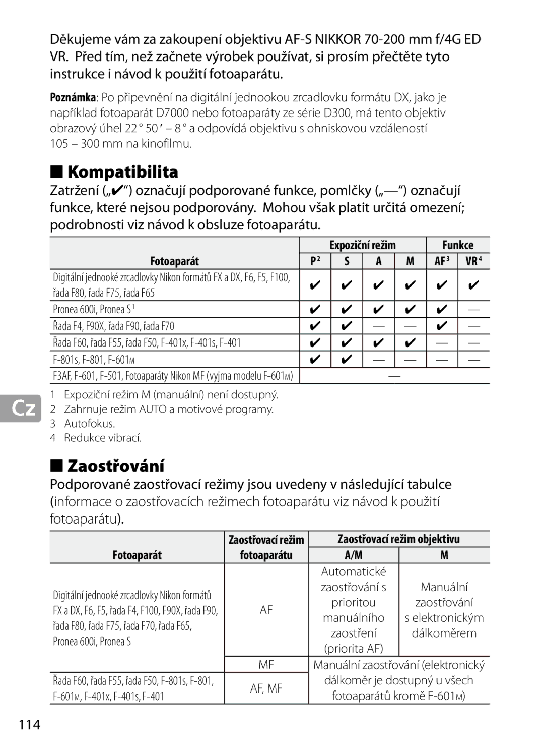 Nikon 2202 user manual Kompatibilita, Zaostřování, 114, Fotoaparát, Funkce 