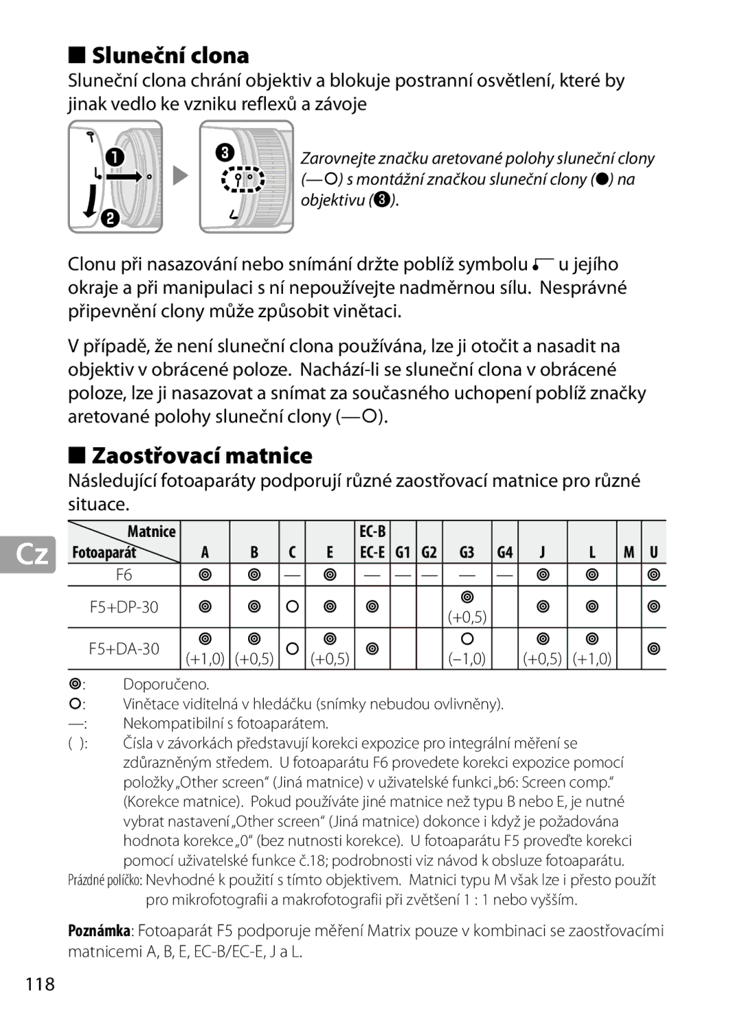 Nikon 2202 user manual Sluneční clona, Zaostřovací matnice, 118, Doporučeno 