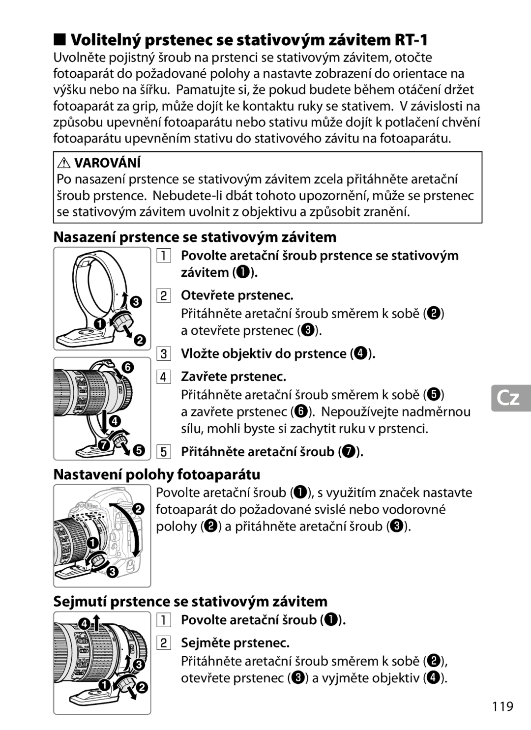 Nikon 2202 user manual Volitelný prstenec se stativovým závitem RT‑1, Nasazení prstence se stativovým závitem 