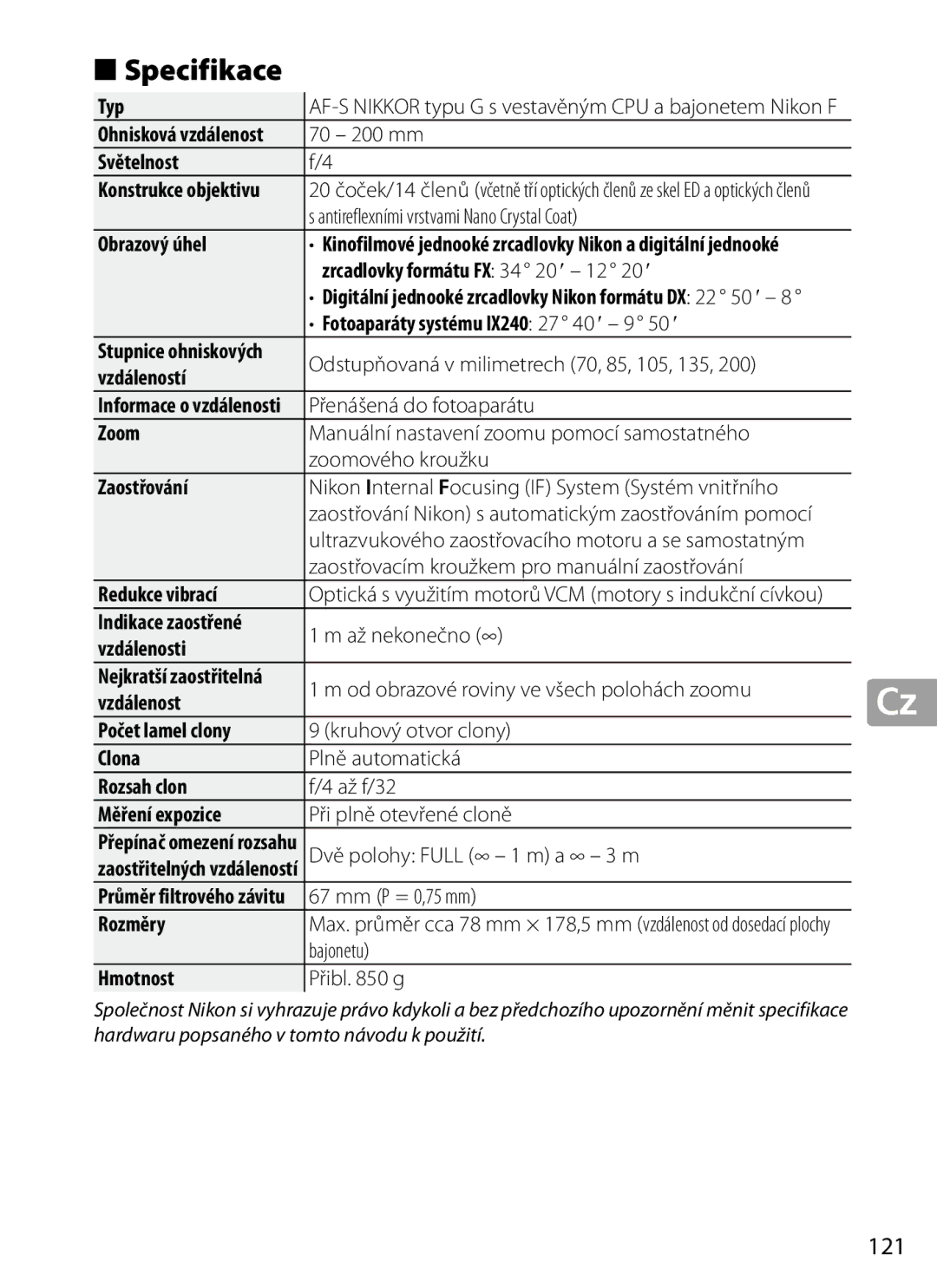 Nikon 2202 user manual Specifikace, 121 