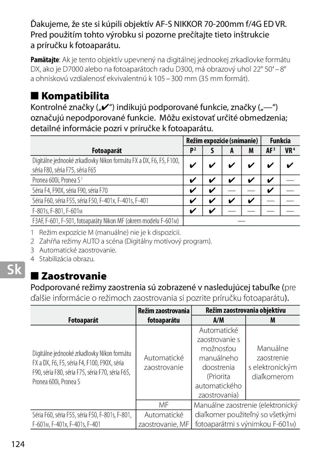 Nikon 2202 user manual Sk Zaostrovanie, Príručku k fotoaparátu, 124, Funkcia 