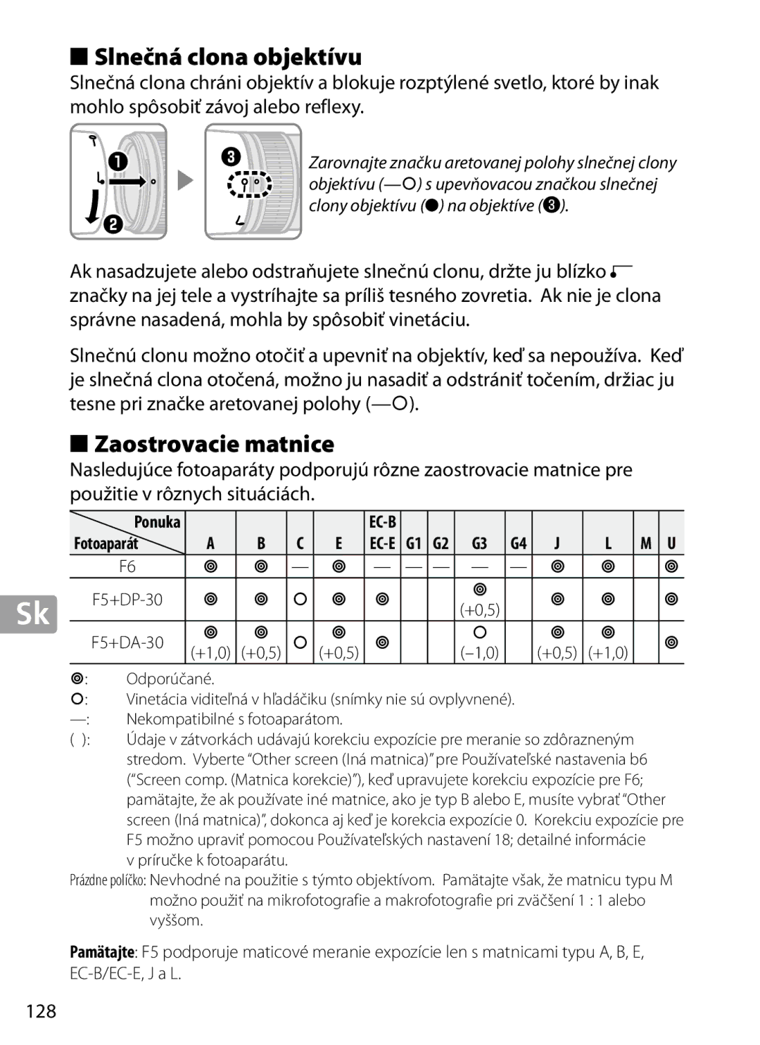 Nikon 2202 user manual Slnečná clona objektívu, Zaostrovacie matnice, 128, Odporúčané 