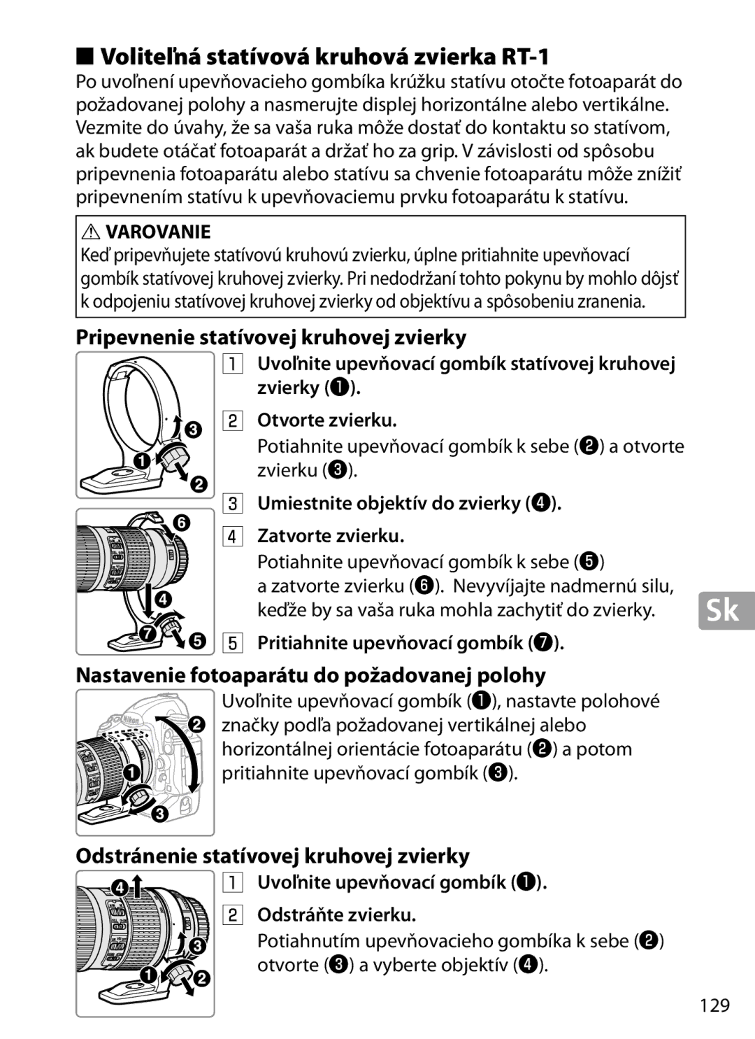 Nikon 2202 user manual Voliteľná statívová kruhová zvierka RT‑1, Pripevnenie statívovej kruhovej zvierky 