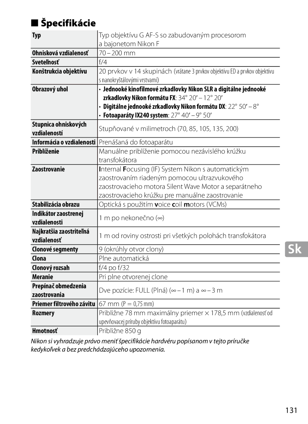 Nikon 2202 user manual Špecifikácie, 131 