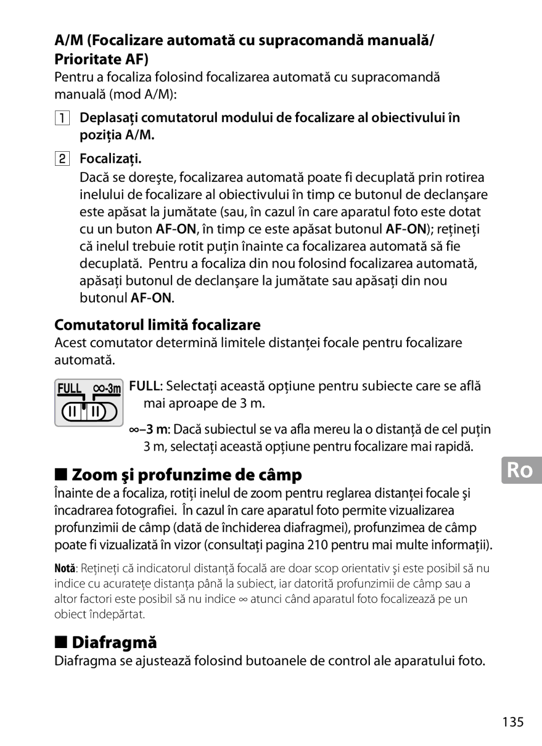 Nikon 2202 user manual Zoom şi profunzime de câmp, Diafragmă, Focalizare automată cu supracomandă manuală/ Prioritate AF 