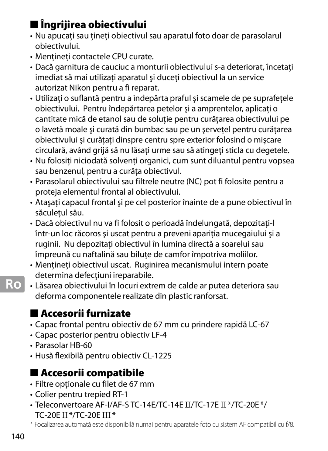 Nikon 2202 user manual Îngrijirea obiectivului, Accesorii furnizate, Accesorii compatibile, 140 