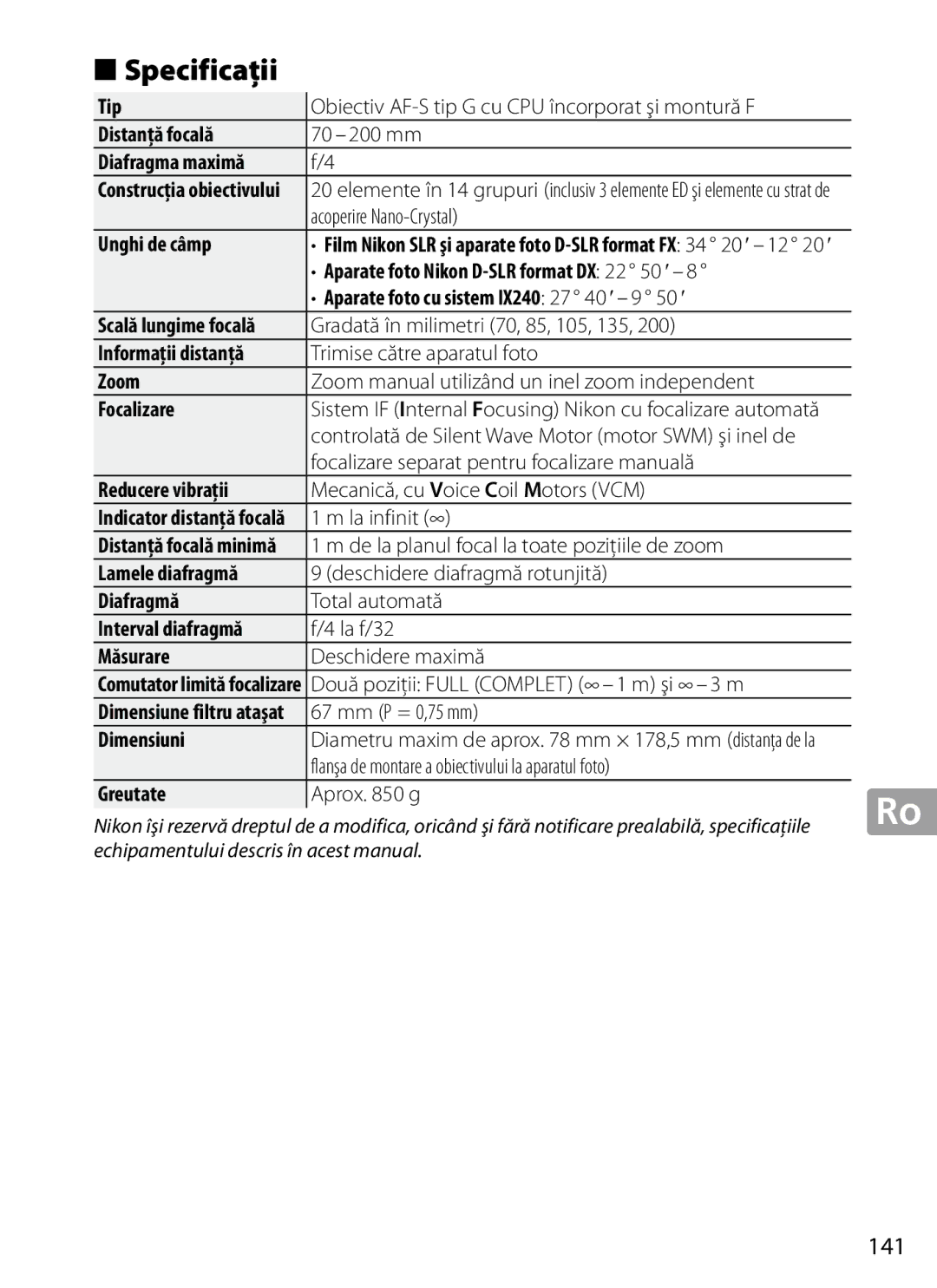 Nikon 2202 user manual Specificaţii, 141 