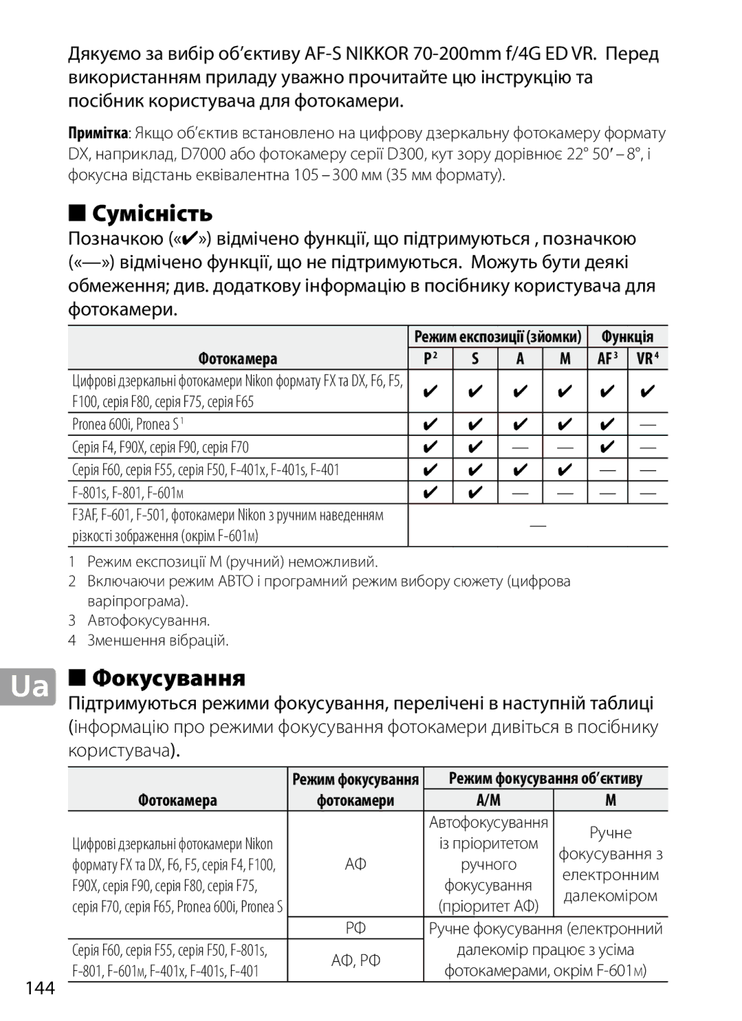 Nikon 2202 user manual Сумісність, Фокусування, Різкості зображення окрім F‑601m, Функція 