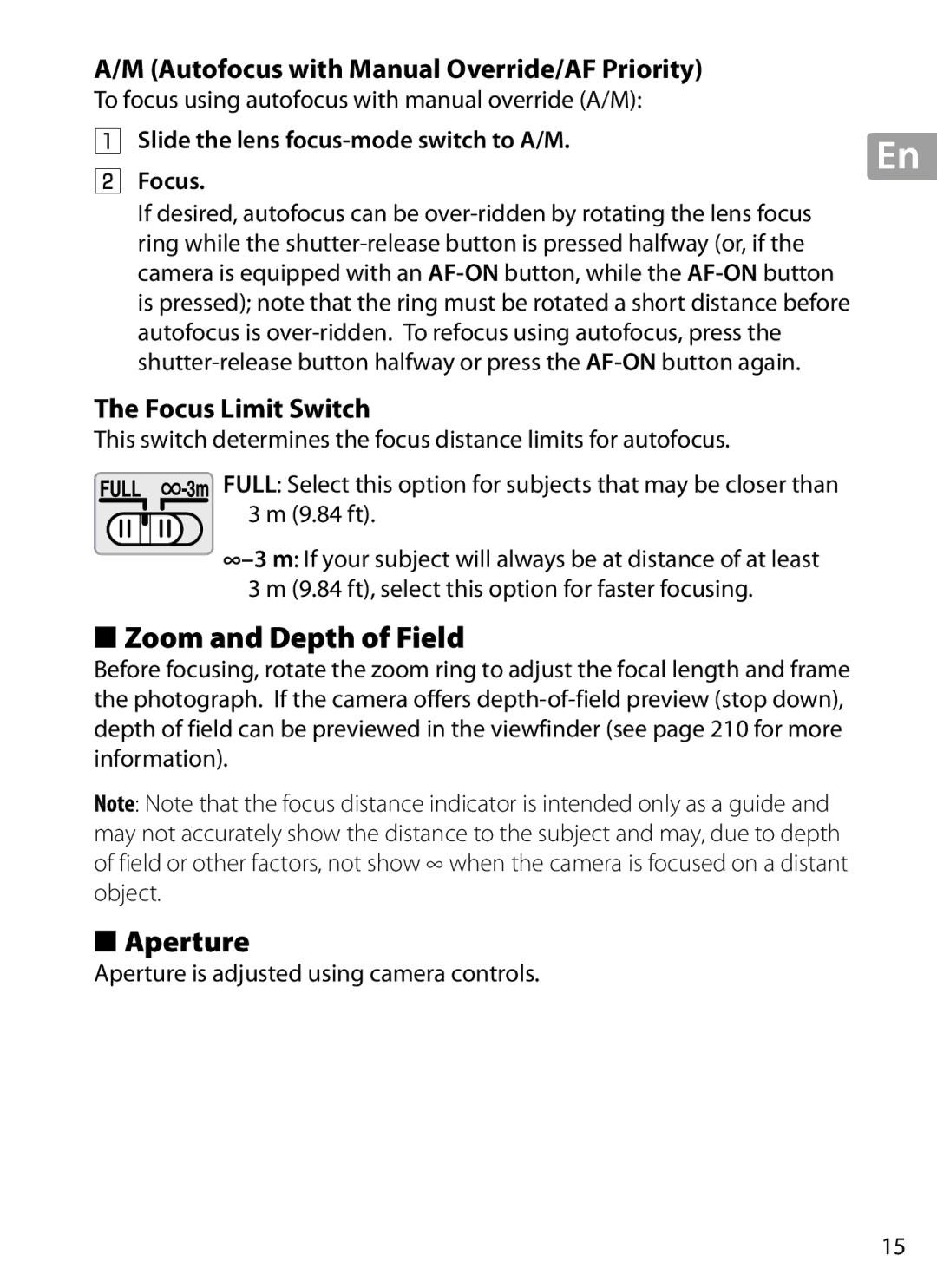 Nikon 2202 user manual Zoom and Depth of Field, Aperture, Autofocus with Manual Override/AF Priority, Focus Limit Switch 