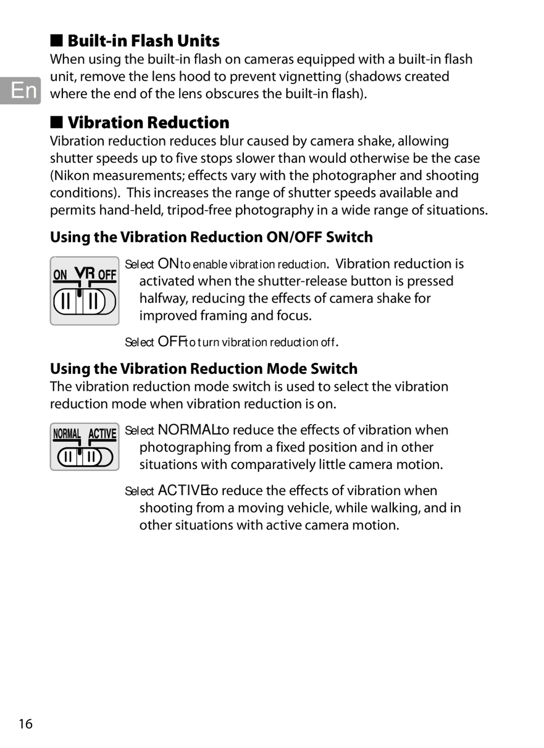 Nikon 2202 user manual Built-in Flash Units, Using the Vibration Reduction ON/OFF Switch 