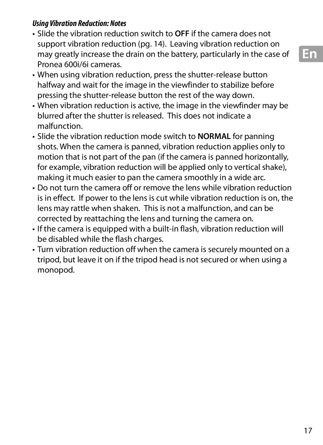 Nikon 2202 user manual Using Vibration Reduction Notes, Pronea 600i/6i cameras 