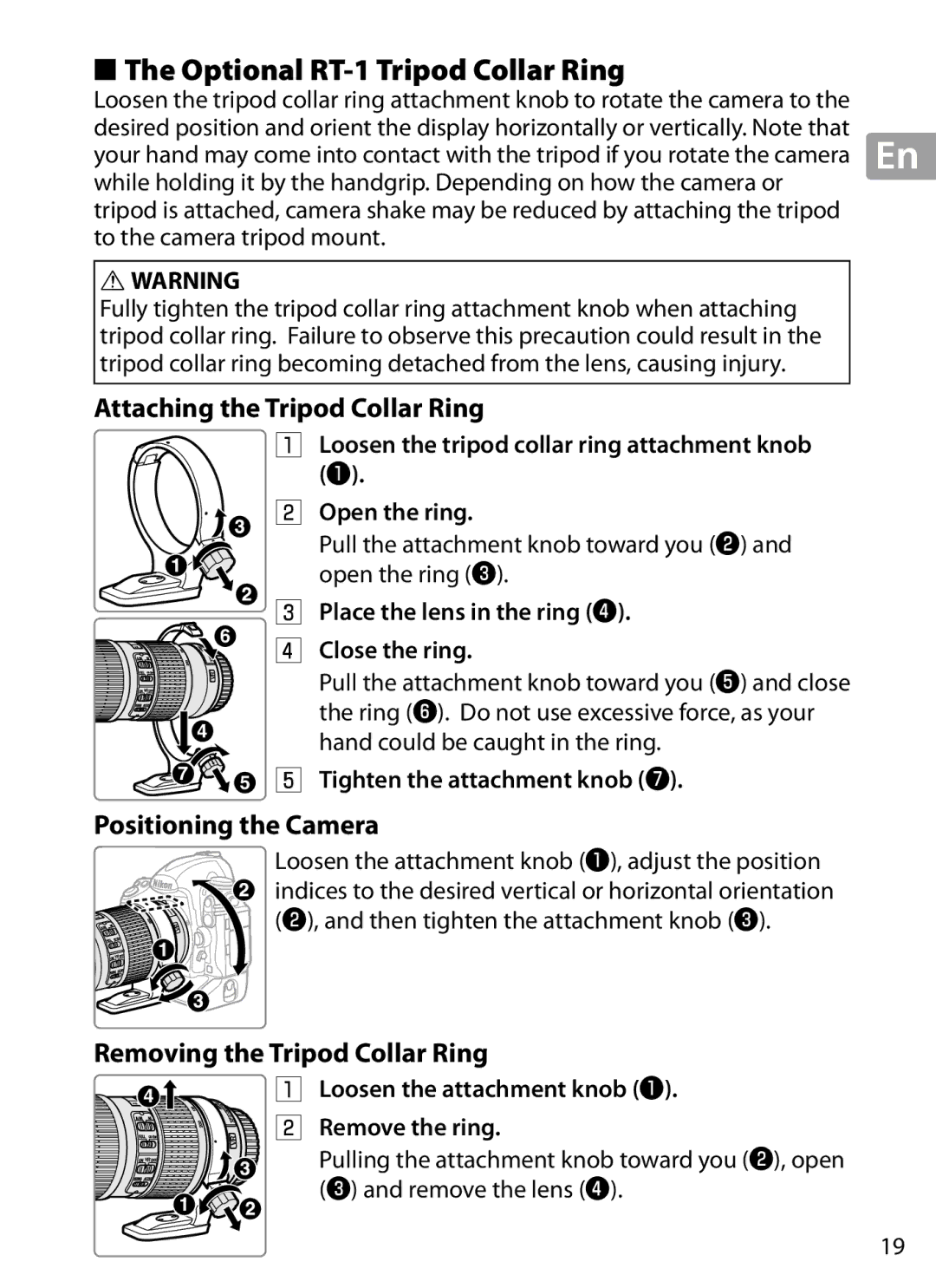 Nikon 2202 user manual Optional RT‑1 Tripod Collar Ring, Attaching the Tripod Collar Ring, Positioning the Camera 