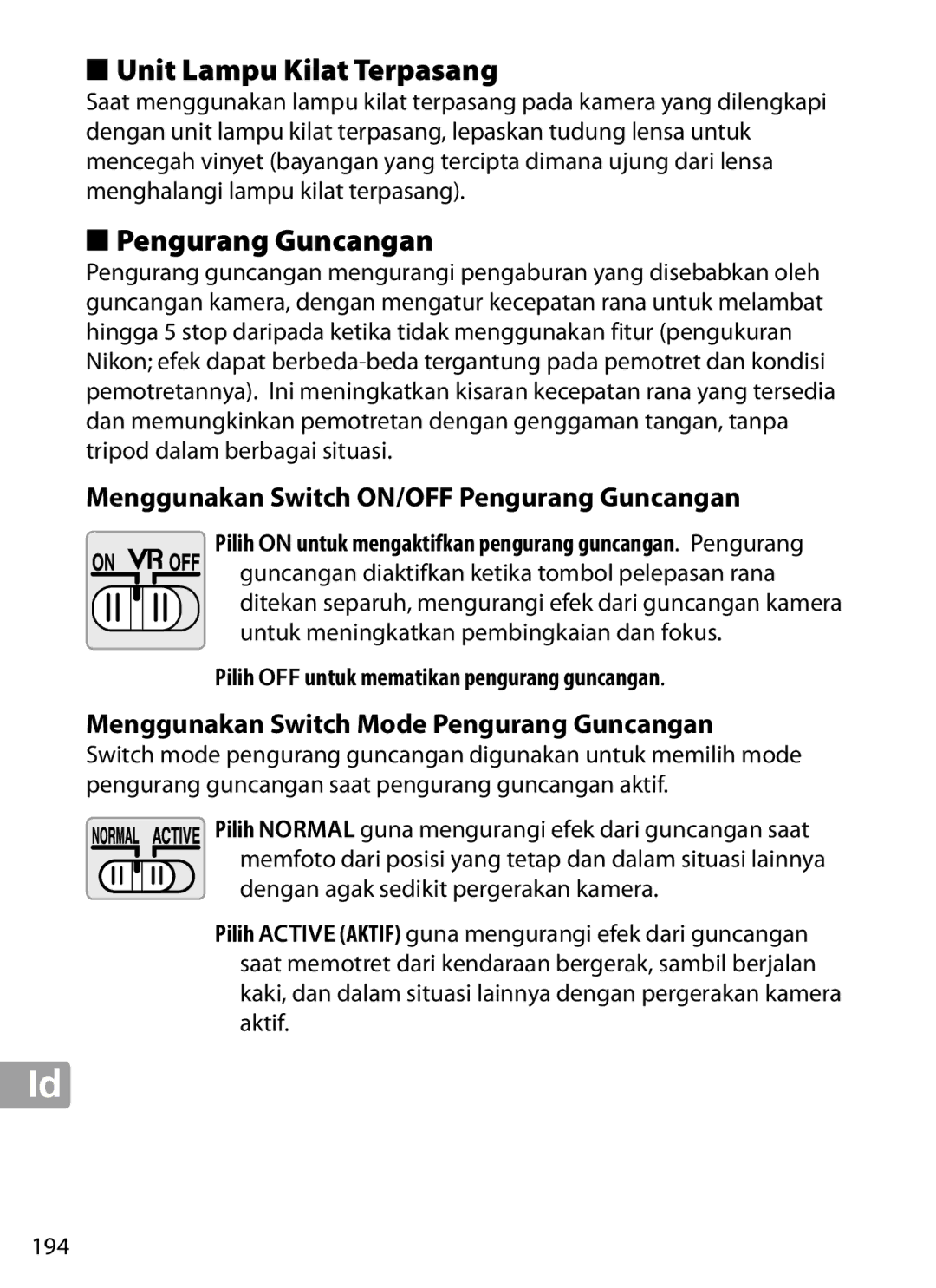 Nikon 2202 user manual Unit Lampu Kilat Terpasang, Menggunakan Switch ON/OFF Pengurang Guncangan 