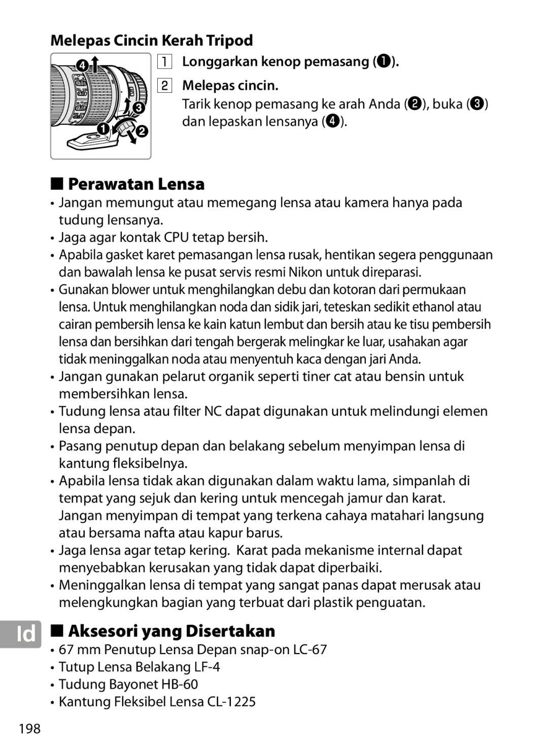 Nikon 2202 user manual Perawatan Lensa, Aksesori yang Disertakan, Melepas Cincin Kerah Tripod, Melepas cincin 