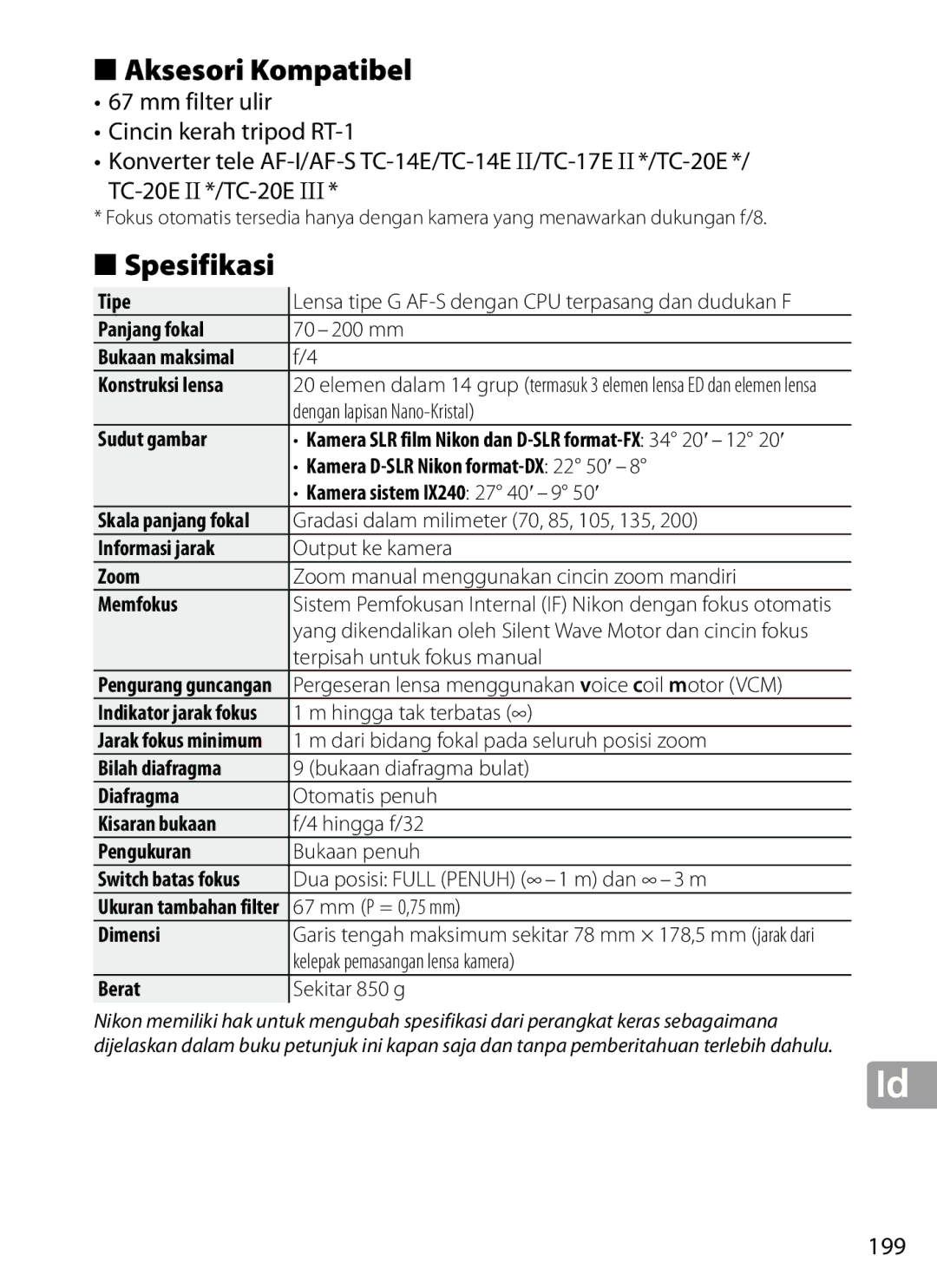 Nikon 2202 user manual Aksesori Kompatibel, Spesifikasi, 199 