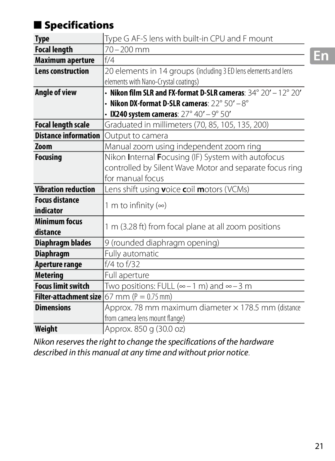 Nikon 2202 user manual Specifications 