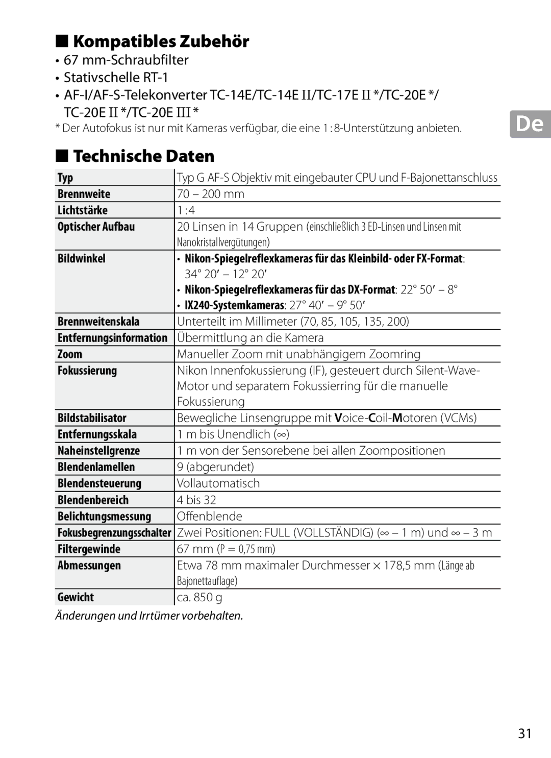 Nikon 2202 user manual Kompatibles Zubehör, Technische Daten 