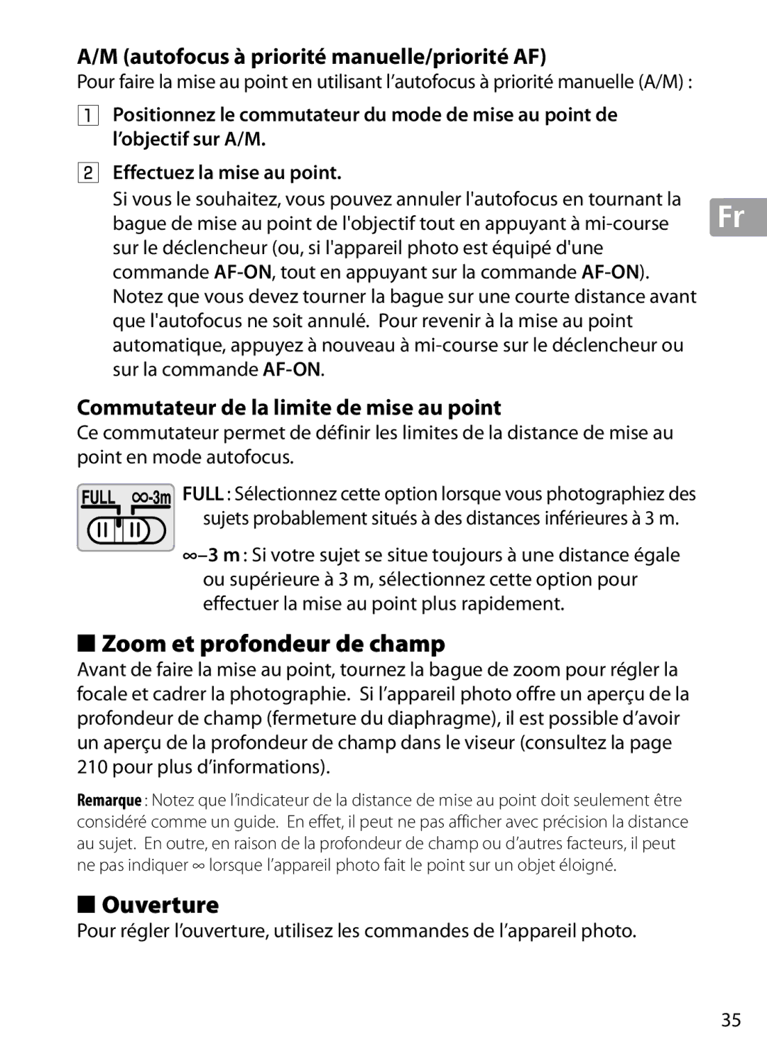 Nikon 2202 user manual Zoom et profondeur de champ, Ouverture, Autofocus à priorité manuelle/priorité AF 