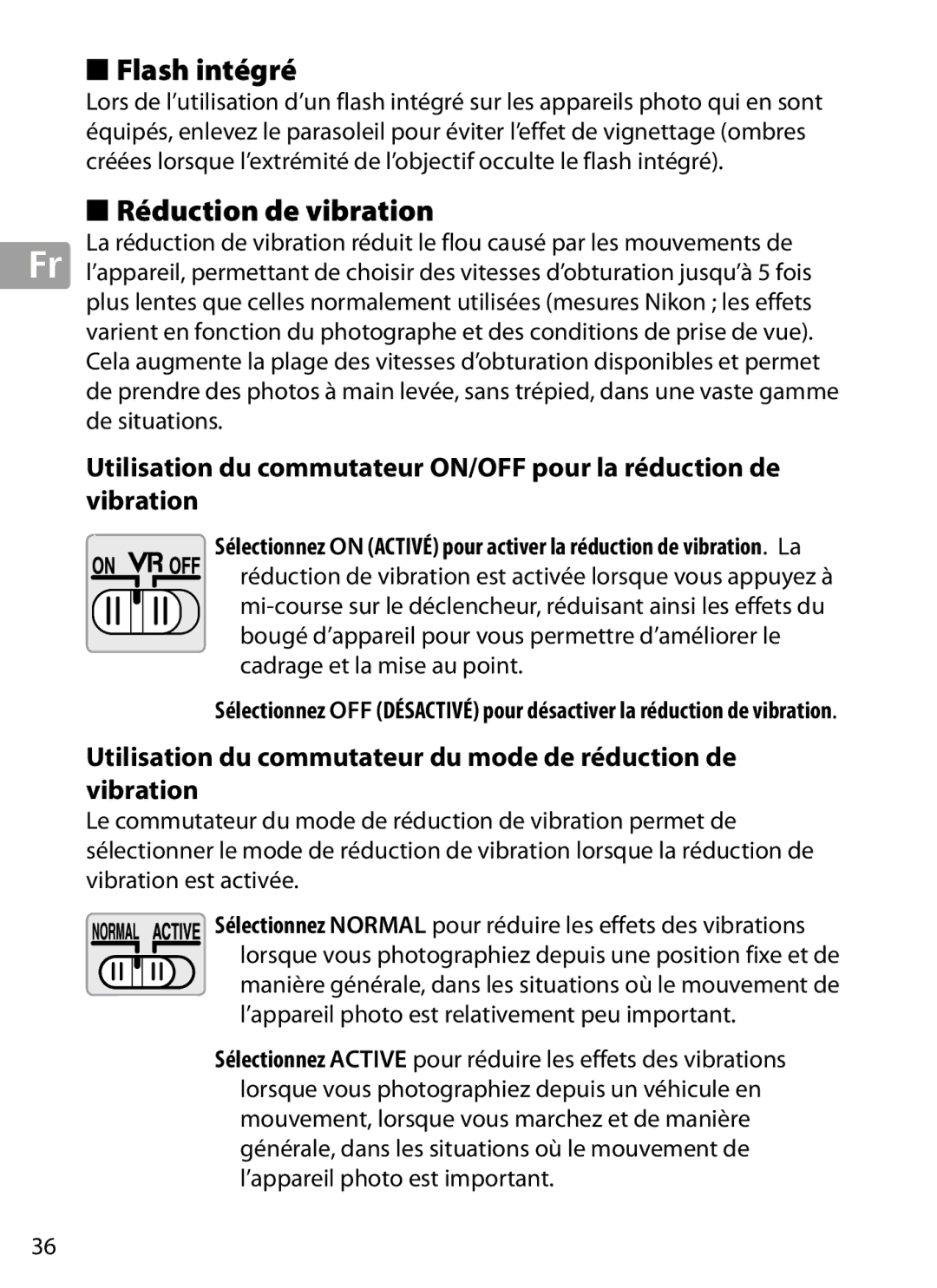 Nikon 2202 user manual Flash intégré, Réduction de vibration, Sélectionnez Active pour réduire les effets des vibrations 