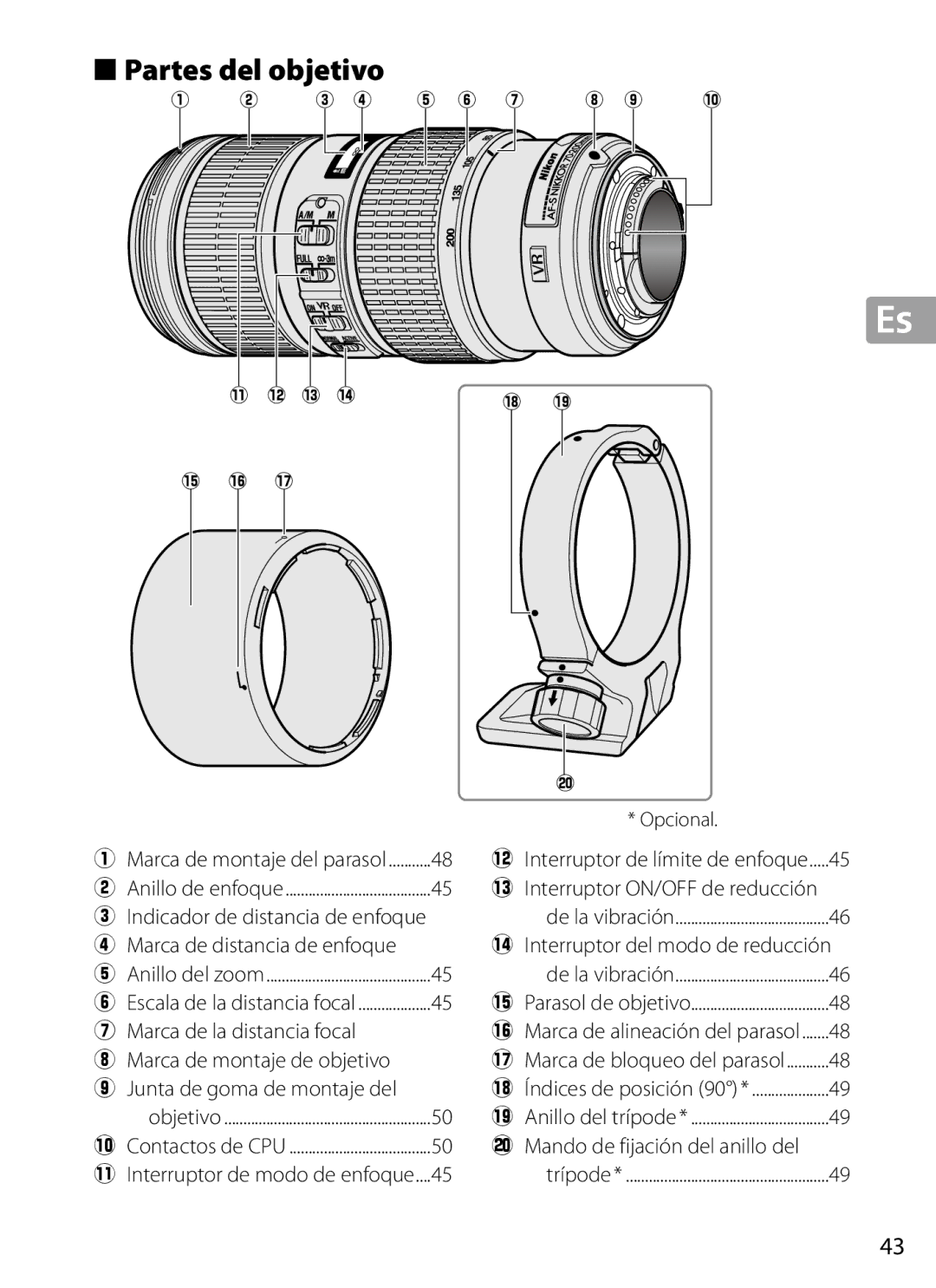 Nikon 2202 user manual Partes del objetivo, 4Interruptor del modo de reducción, @0Mando de fijación del anillo del 